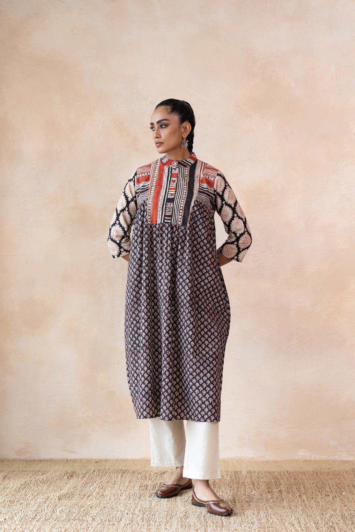 Aabha – Black & Red Hand Block Printed Kurta Set with off White Pants