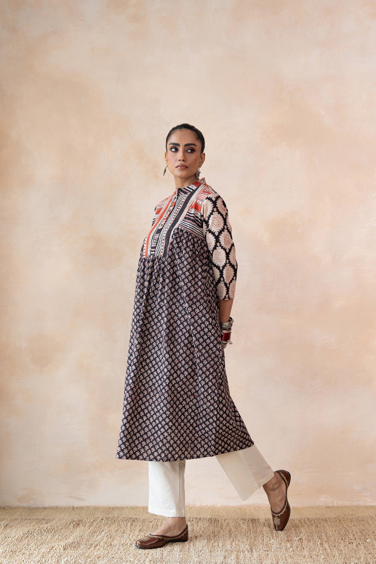 Aabha – Black & Red Hand Block Printed Kurta Set with off White Pants