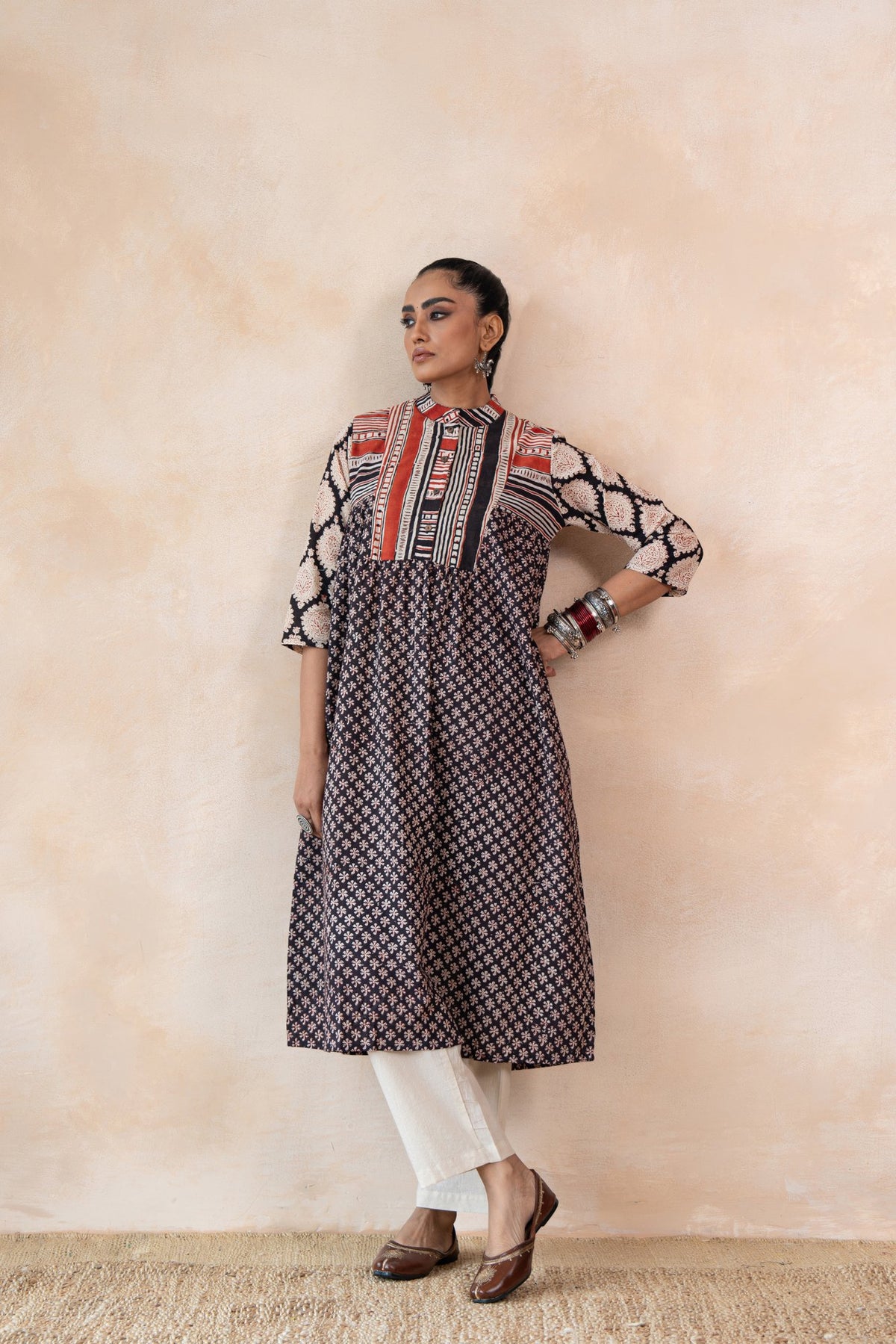 Aabha – Black & Red Hand Block Printed Kurta Set with off White Pants