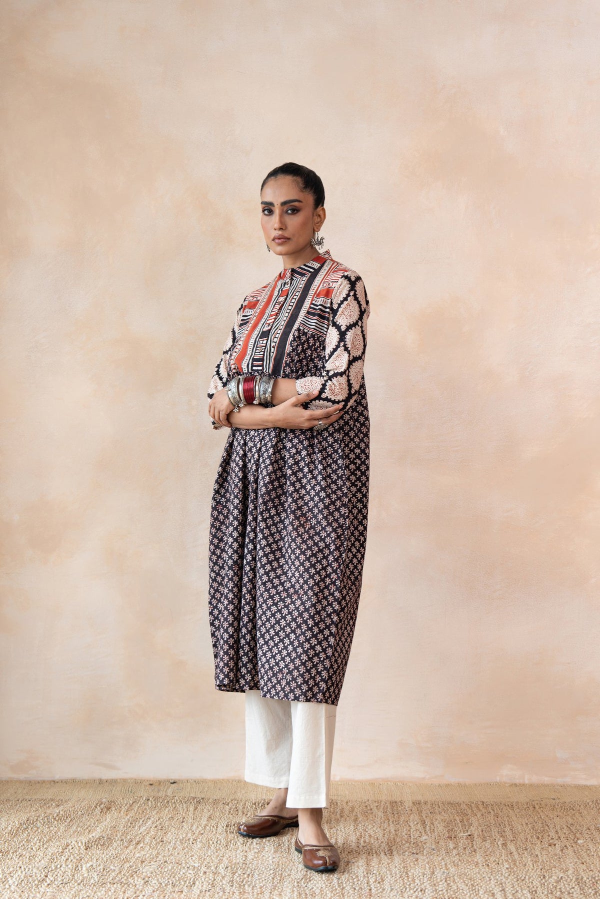 Aabha – Black & Red Hand Block Printed Kurta Set with off White Pants