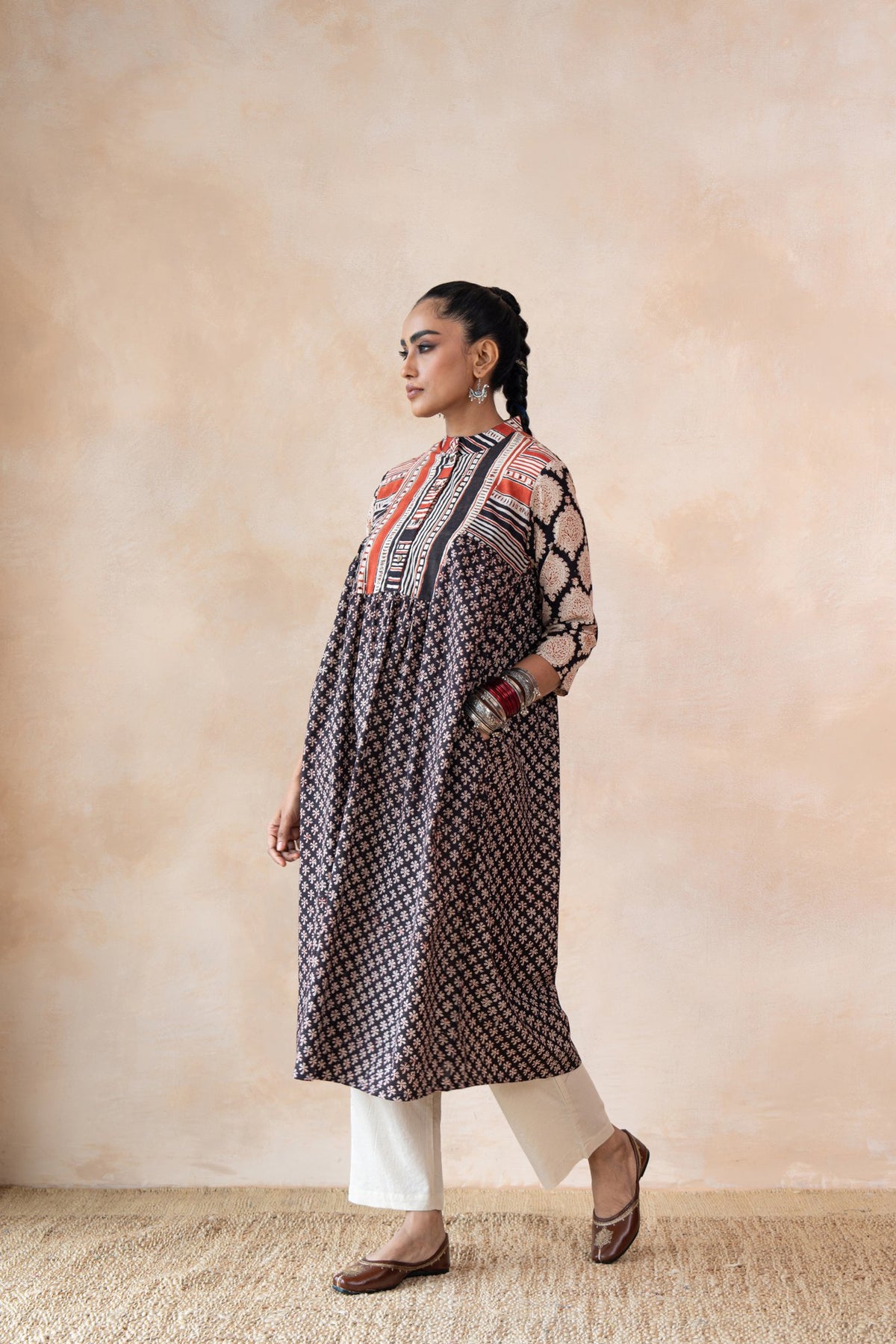 Aabha – Black & Red Hand Block Printed Kurta Set with off White Pants