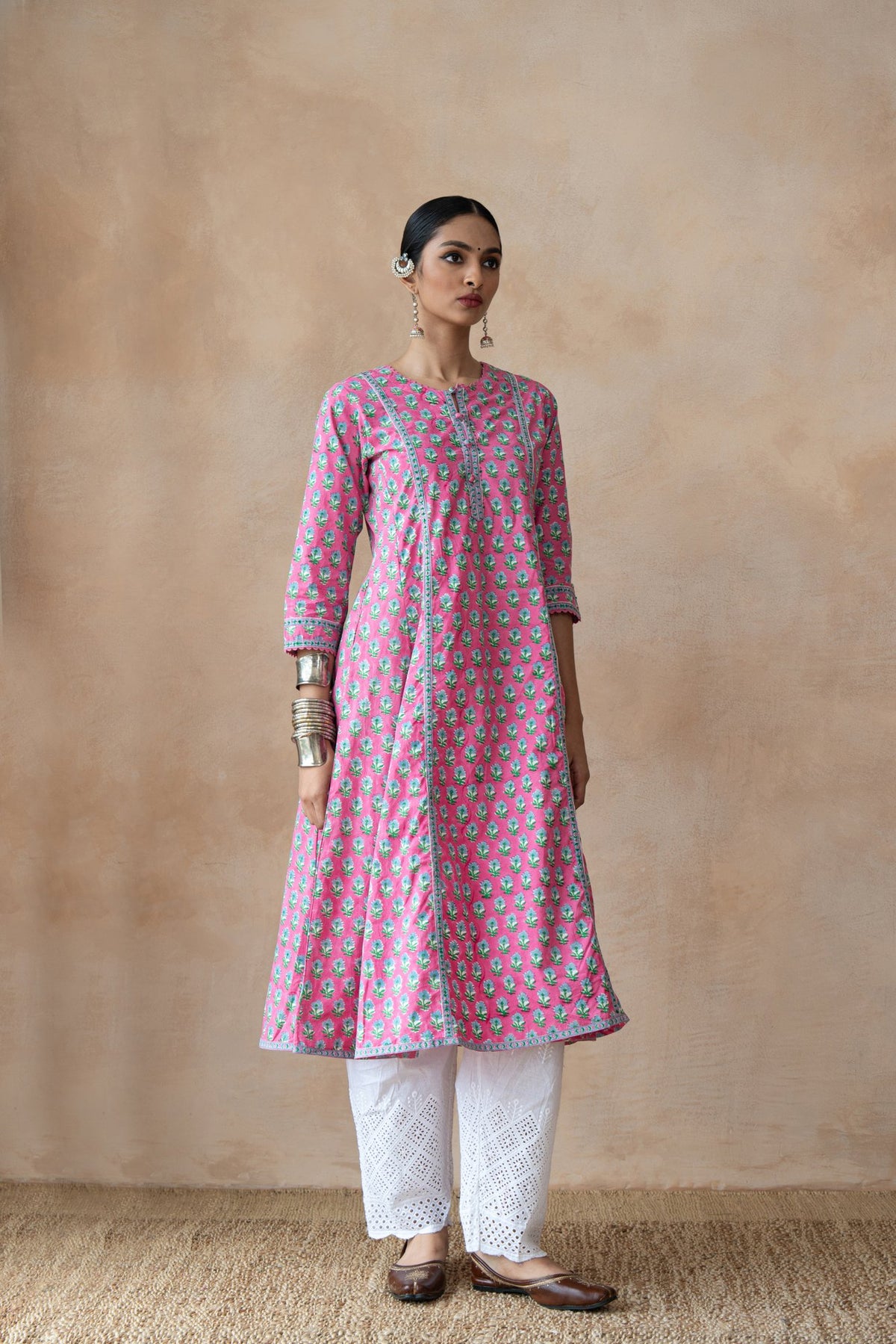 Gulbahar Pink & Turquoise Floral Hand Block Printed Kurta Set with Schiffli Pants