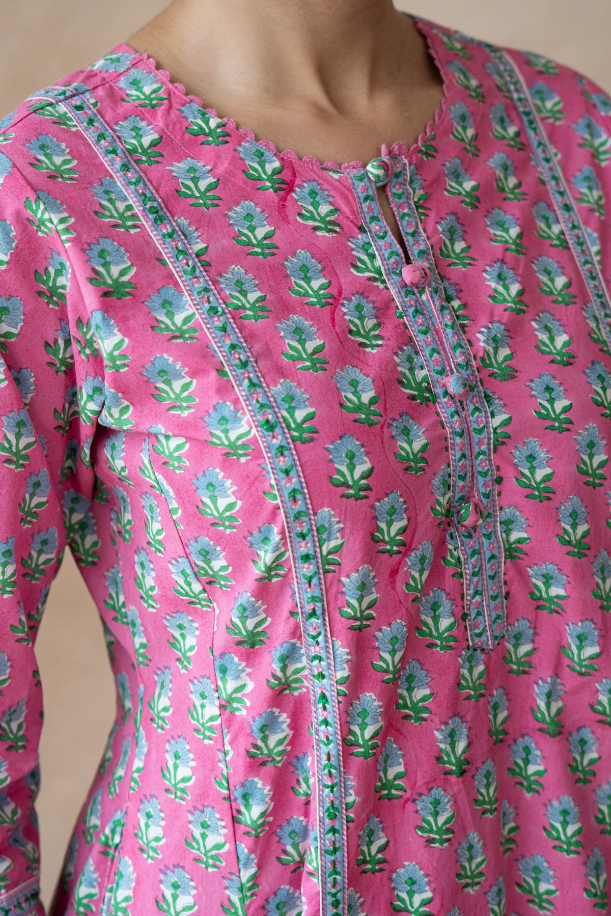 Gulbahar Pink & Turquoise Floral Hand Block Printed Kurta Set with Schiffli Pants