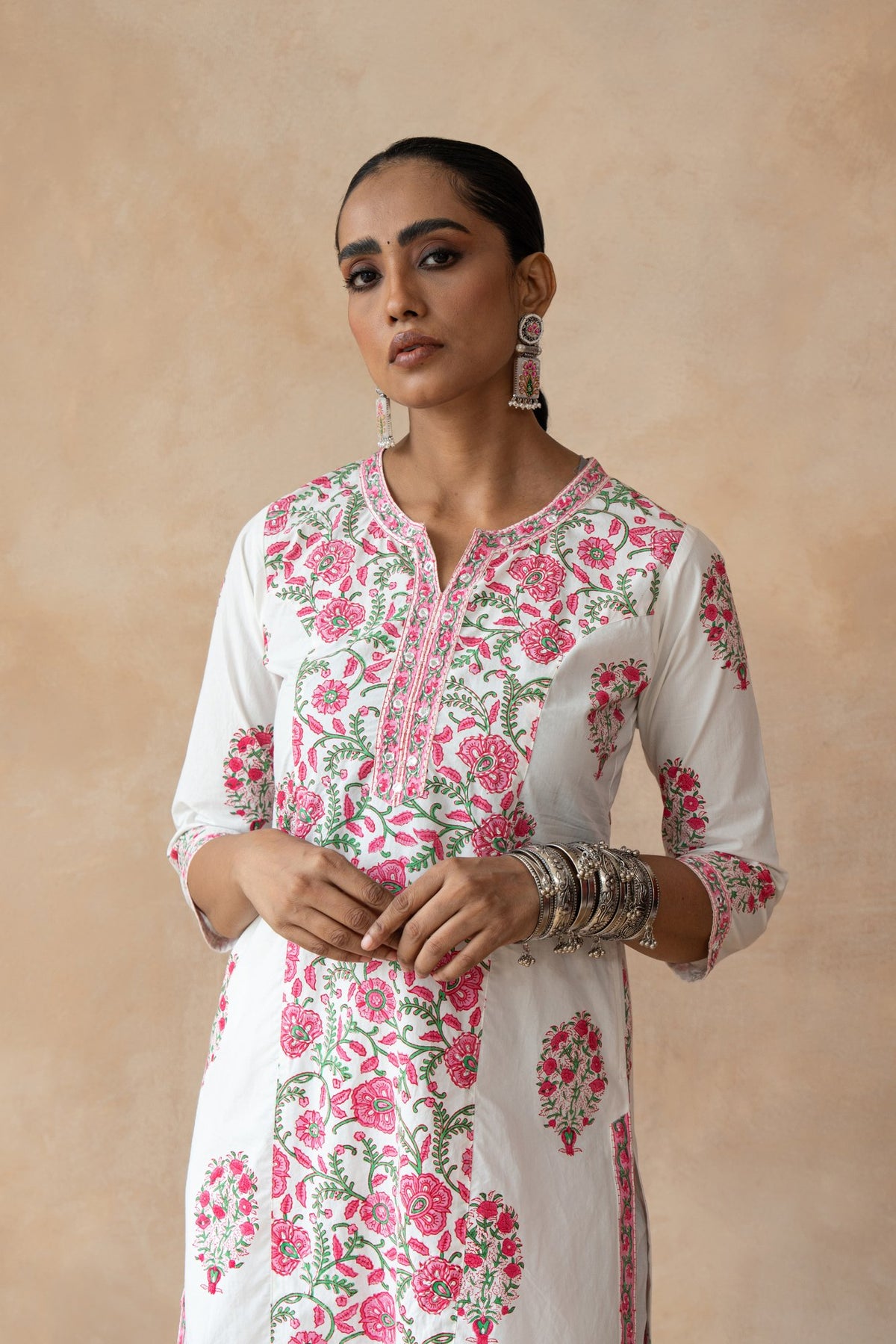 Gulnaar – Pink Floral Hand Block Printed Kurta Set with Schiffli Pants