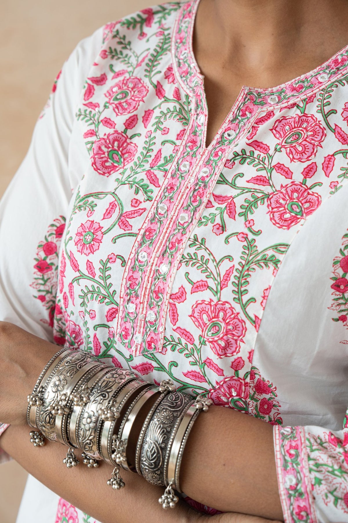 Gulnaar – Pink Floral Hand Block Printed Kurta Set with Schiffli Pants