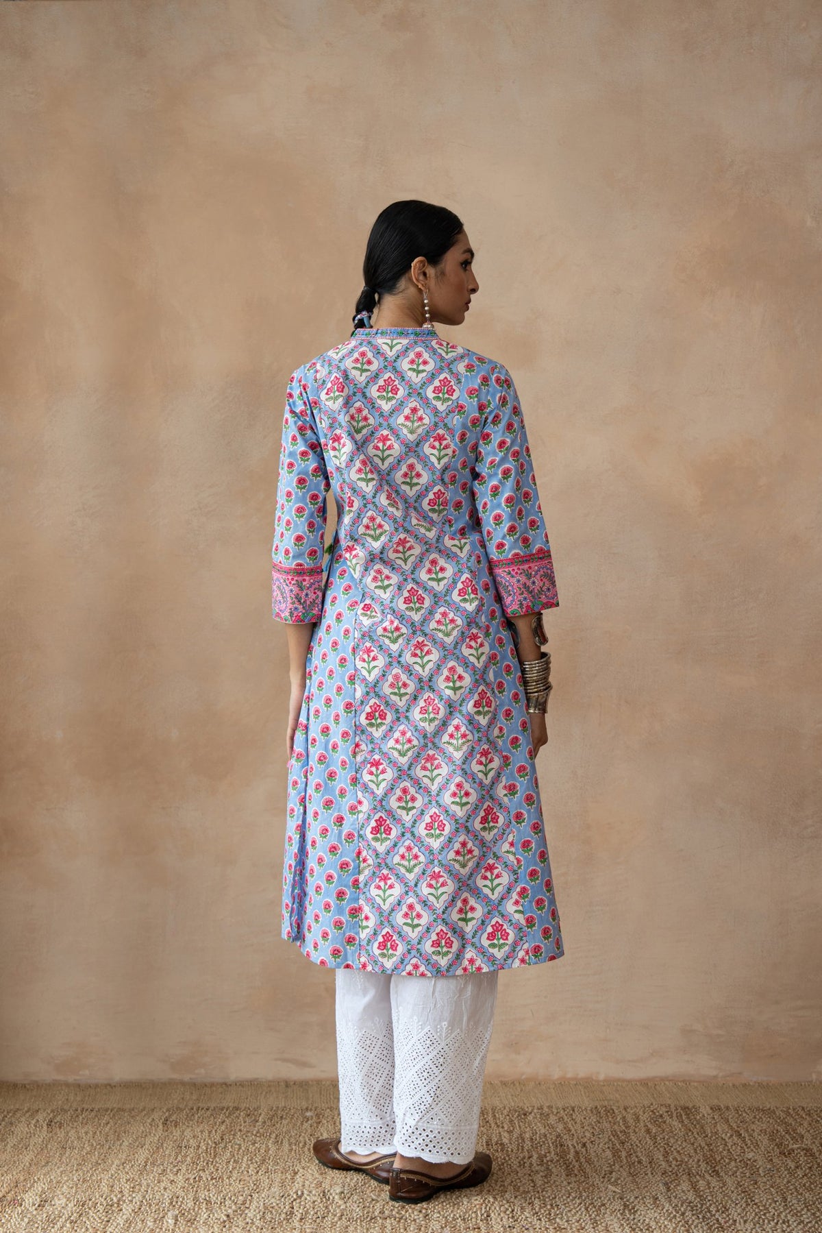 Kusum Blue Floral Hand Block Printed Kurta Set with Schiffli Pants