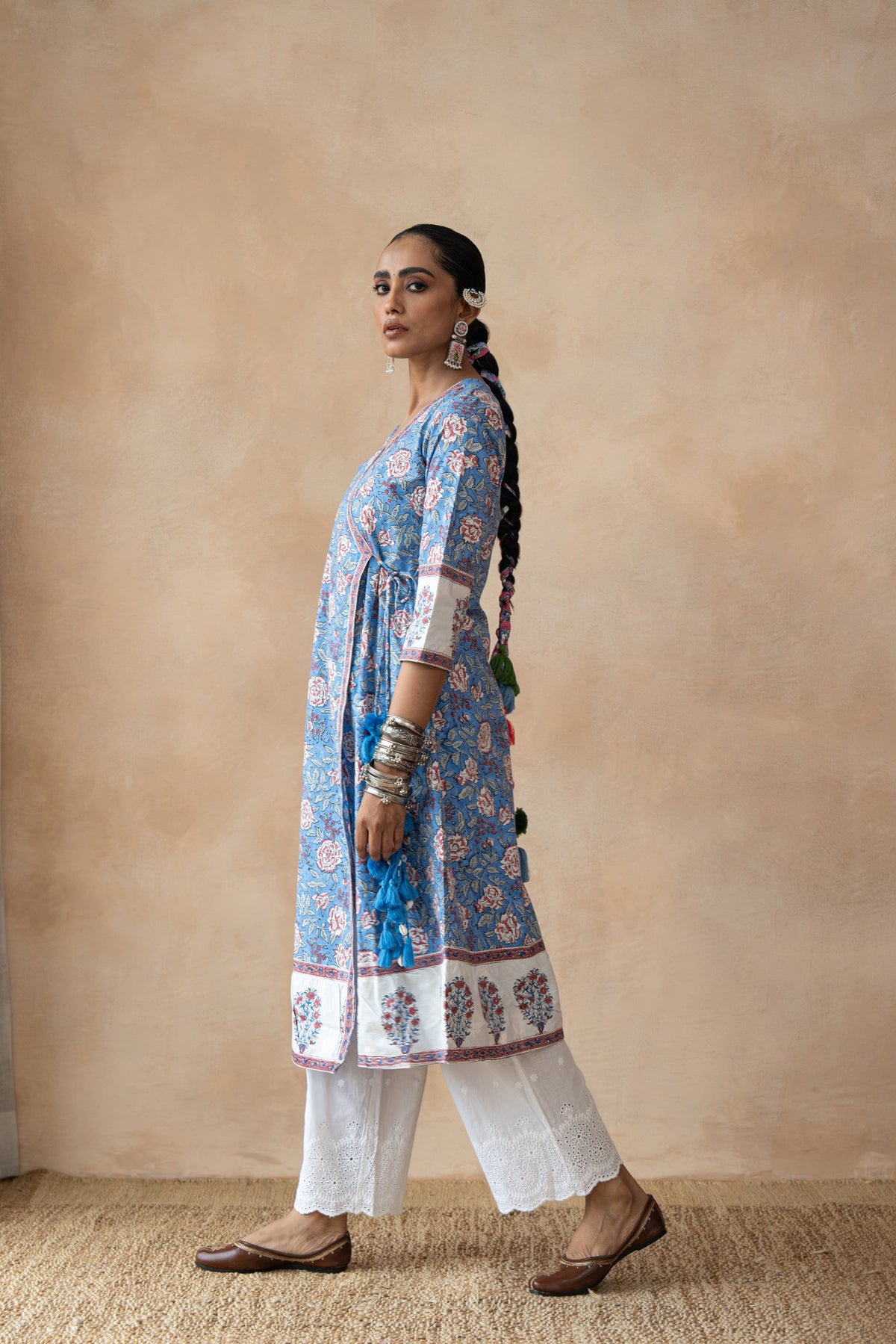Madhubala Blue Floral Hand Block Printed Kurta Set with Schiffli Pants