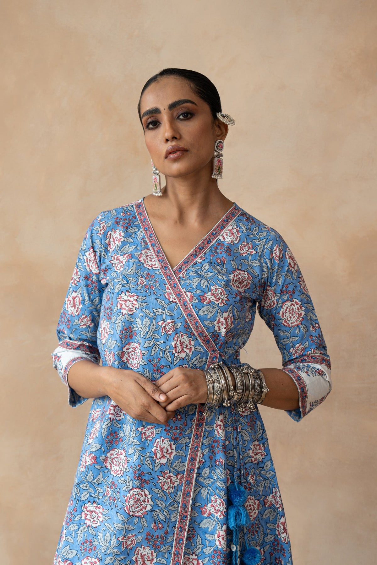 Madhubala Blue Floral Hand Block Printed Kurta Set with Schiffli Pants