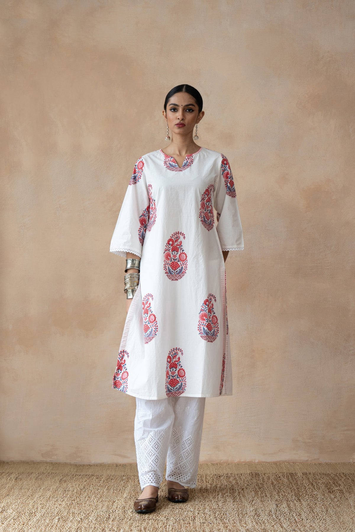 Ruhani Ivory Floral Hand Block Printed Kurta Set with Schiffli Pants