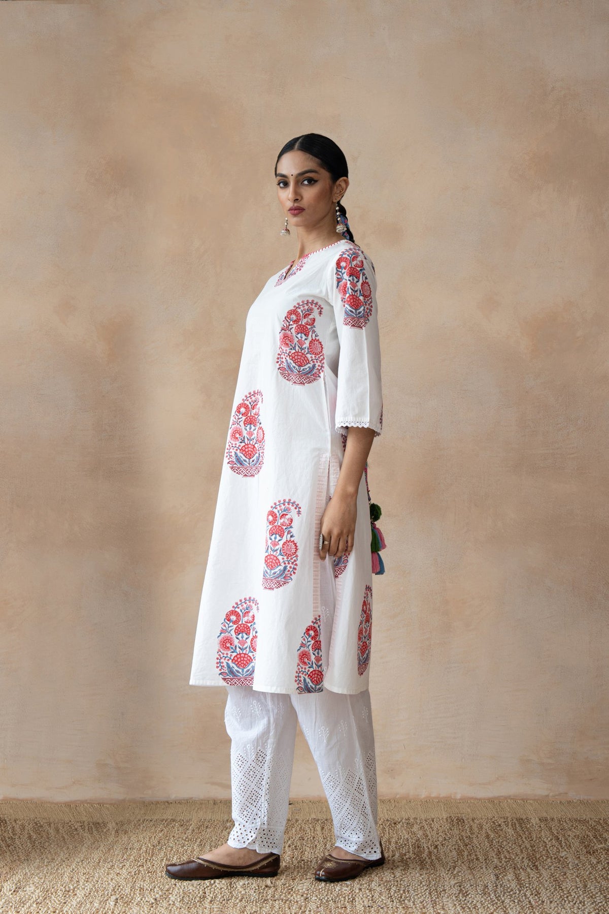 Ruhani Ivory Floral Hand Block Printed Kurta Set with Schiffli Pants
