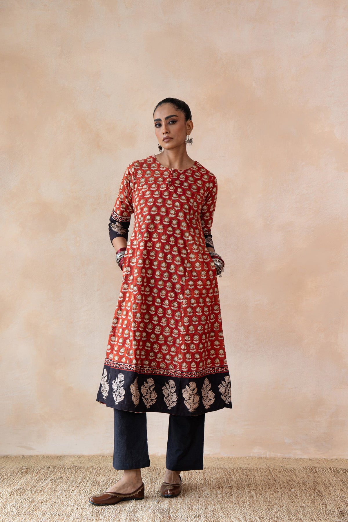 Surkh Red & Navy Floral Bagru Hand Block Printed Kurta Set