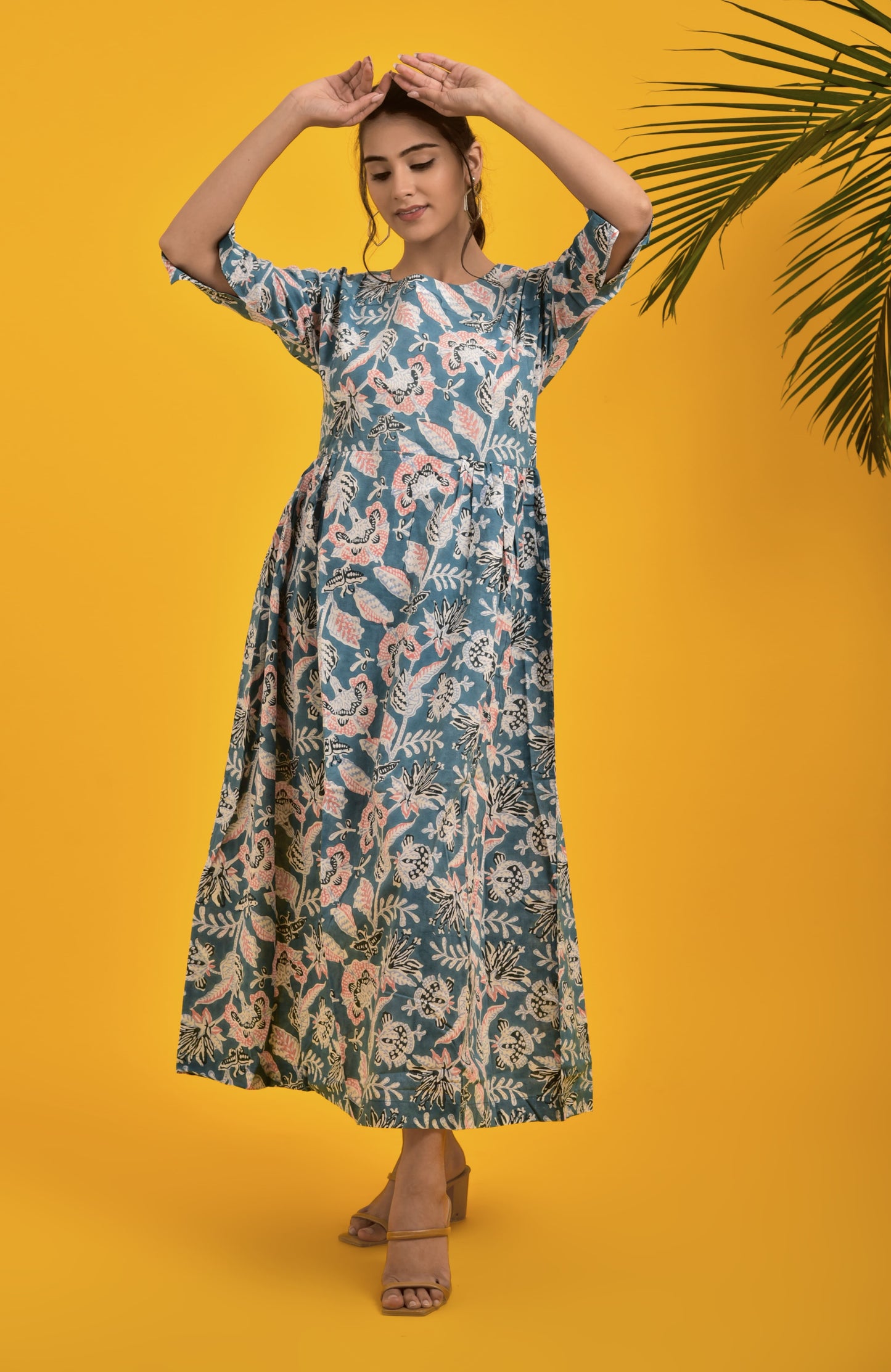 Block Print Blue Pleated Long Dress
