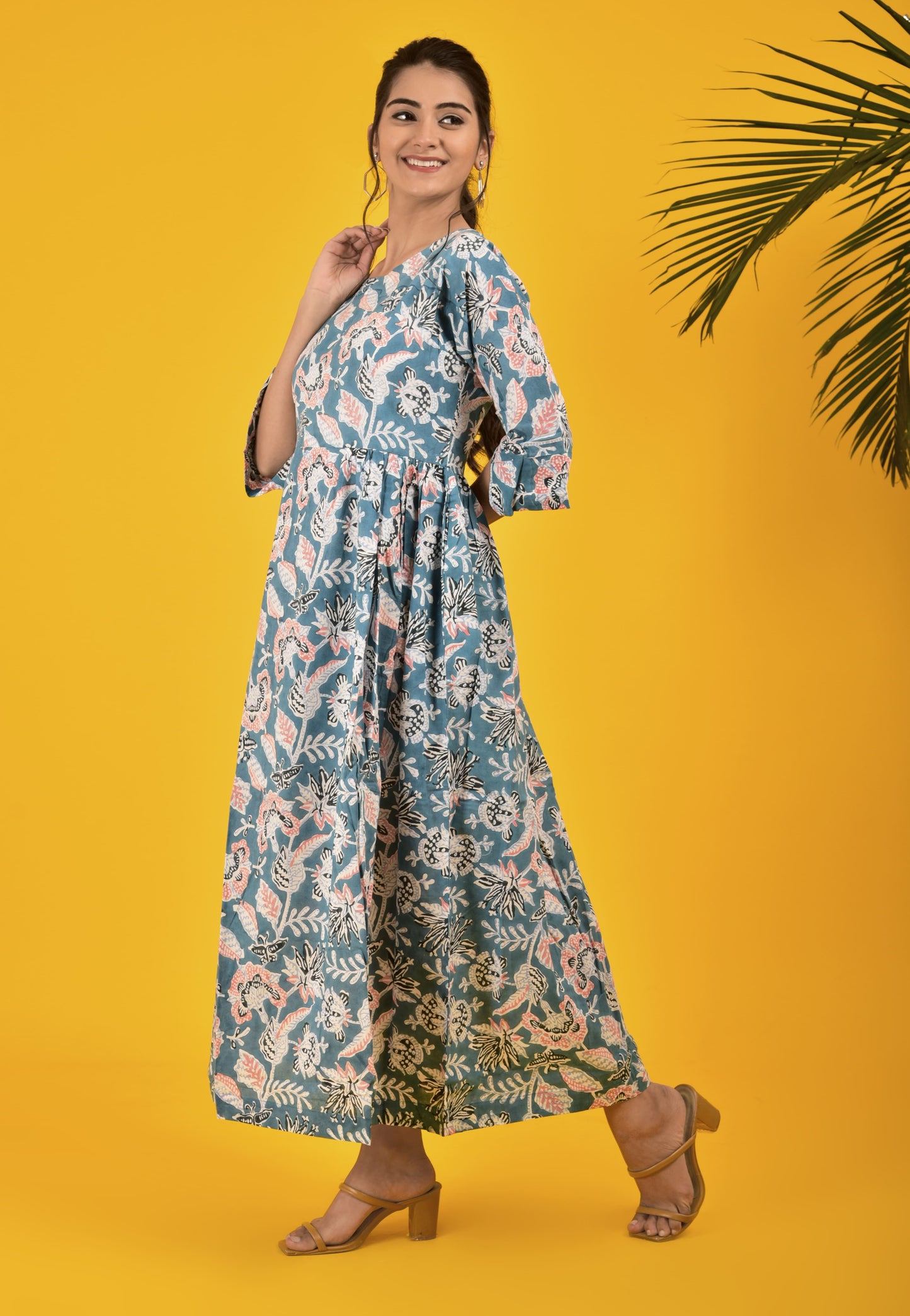 Block Print Blue Pleated Long Dress