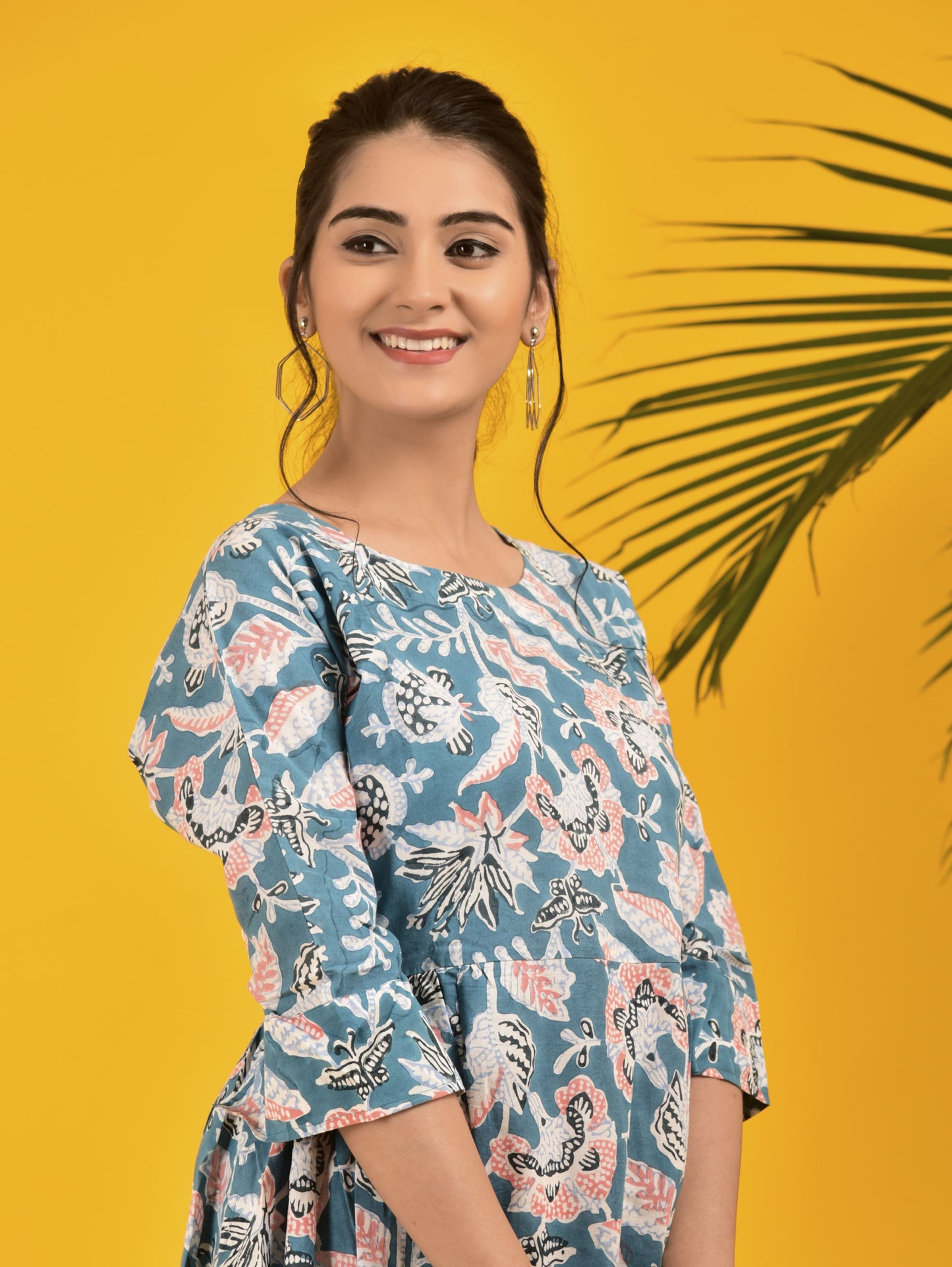 Block Print Blue Pleated Long Dress