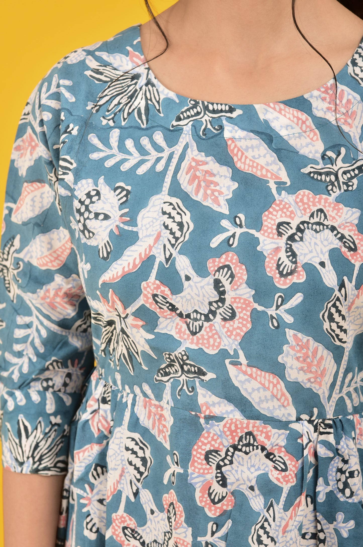 Block Print Blue Pleated Long Dress