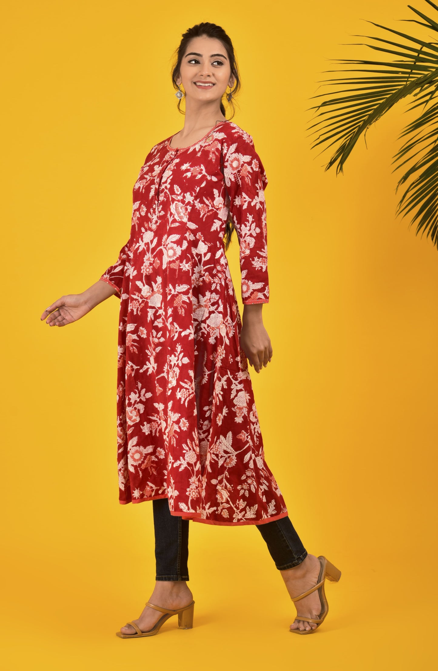 Block Print Cherry Red Anarkali kurta