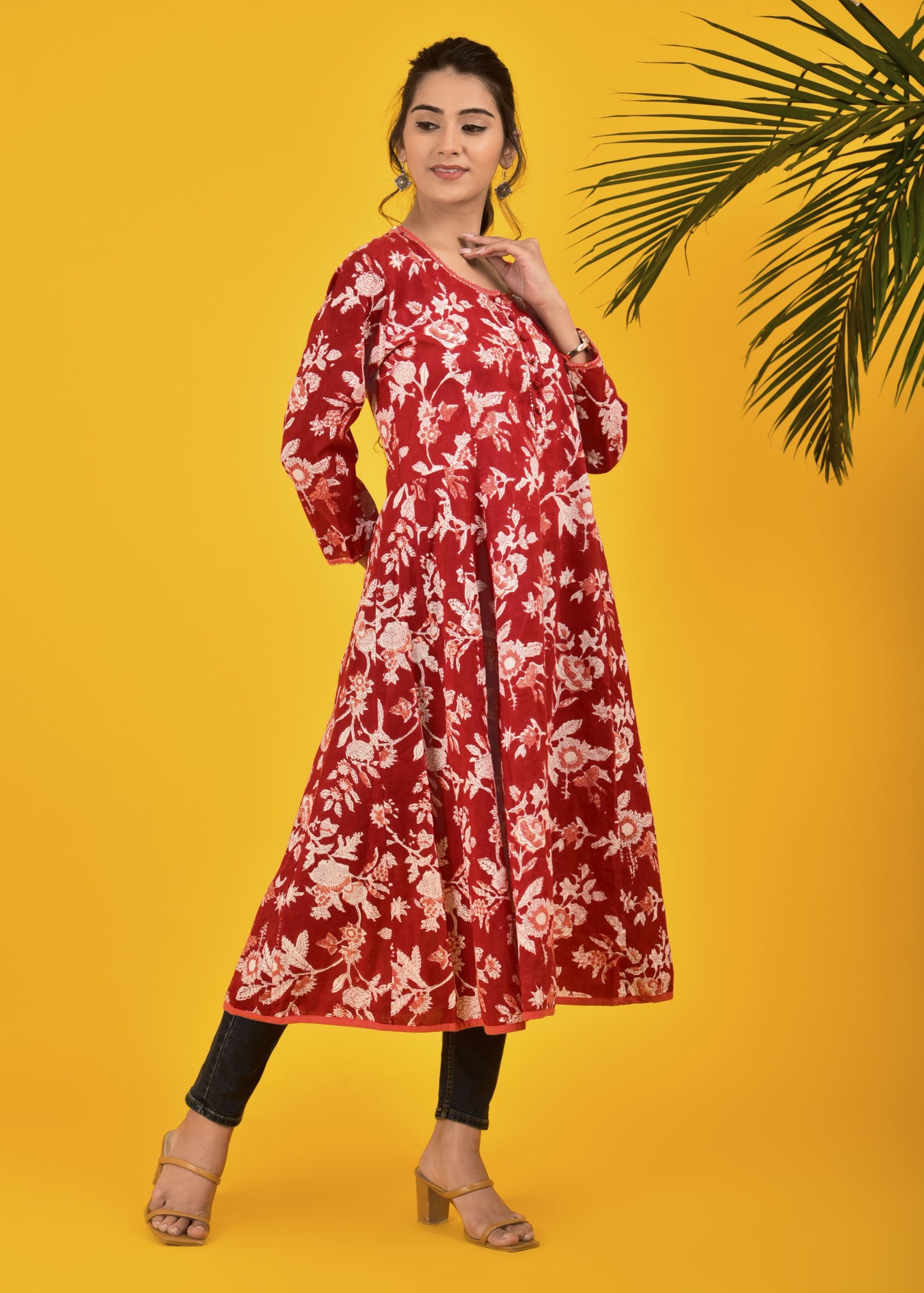 Block Print Cherry Red Anarkali kurta