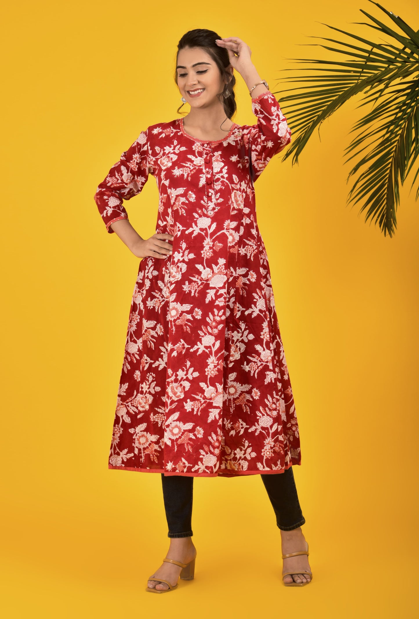 Block Print Cherry Red Anarkali kurta