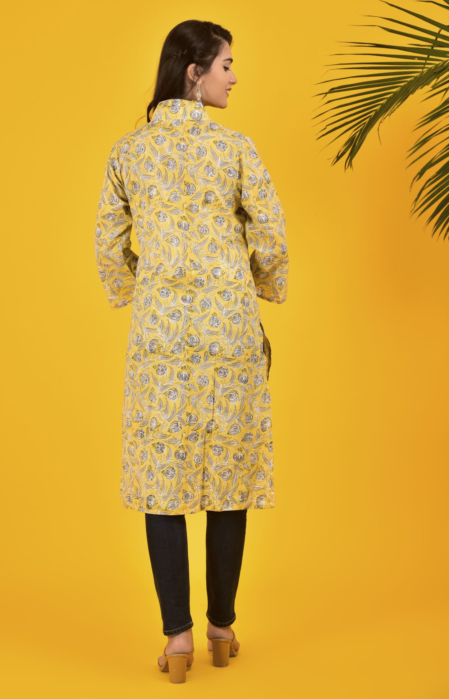 Block Print High Collar Yellow Kurta
