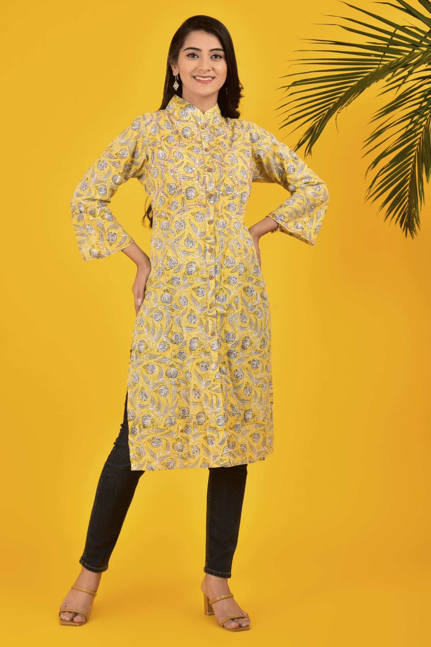 Block Print High Collar Yellow Kurta