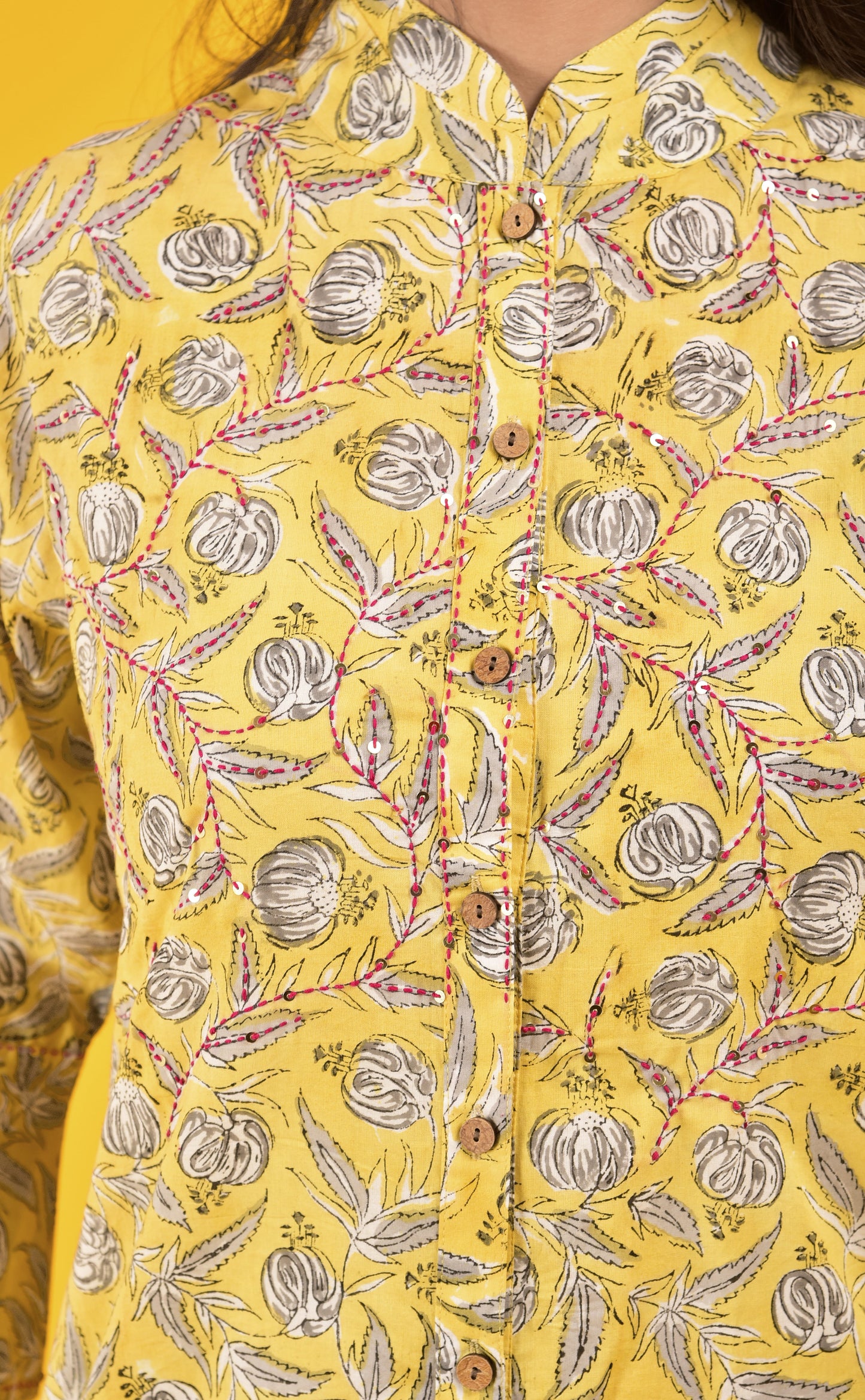 Block Print High Collar Yellow Kurta