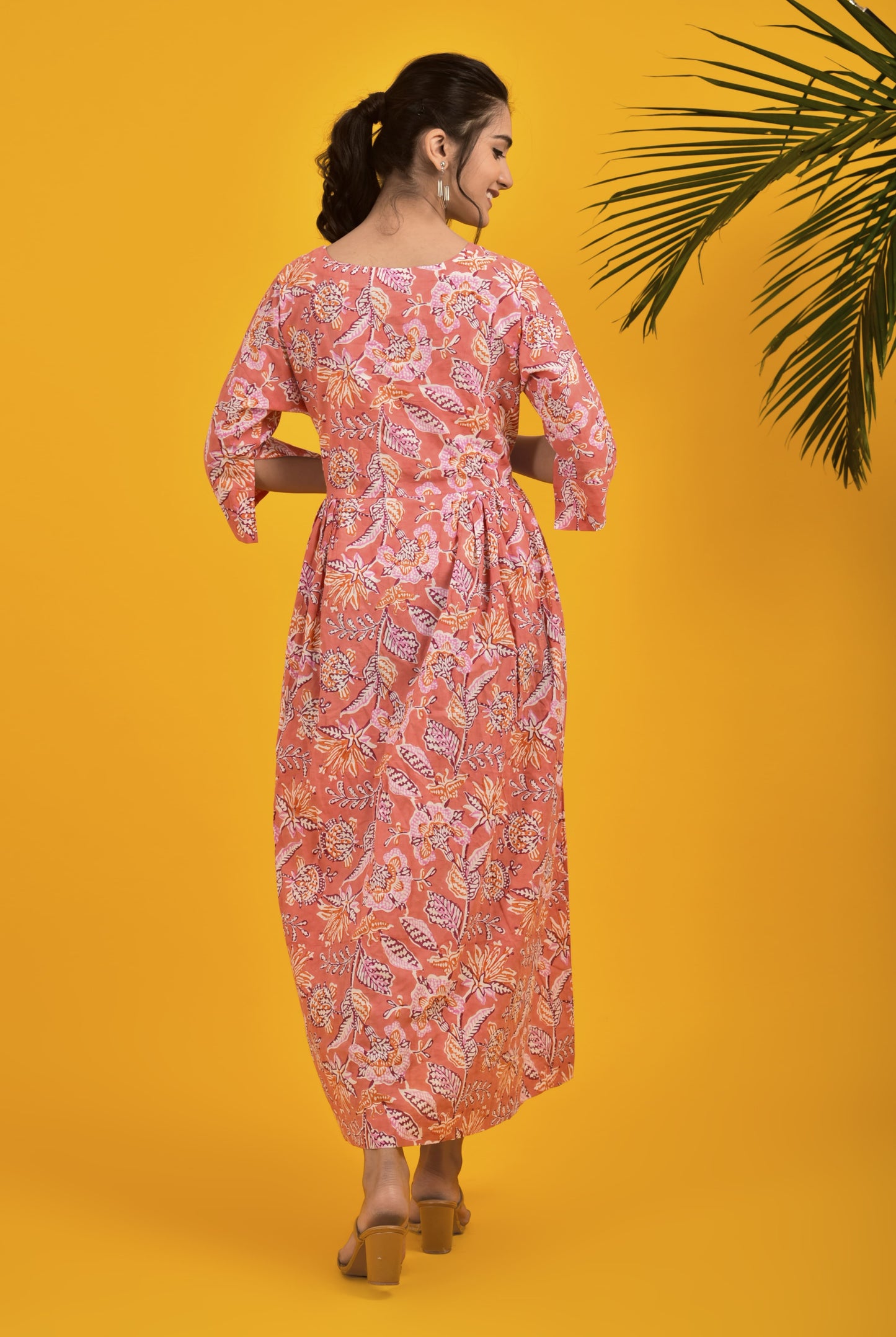 Block Print Pink Pleated Long Dress