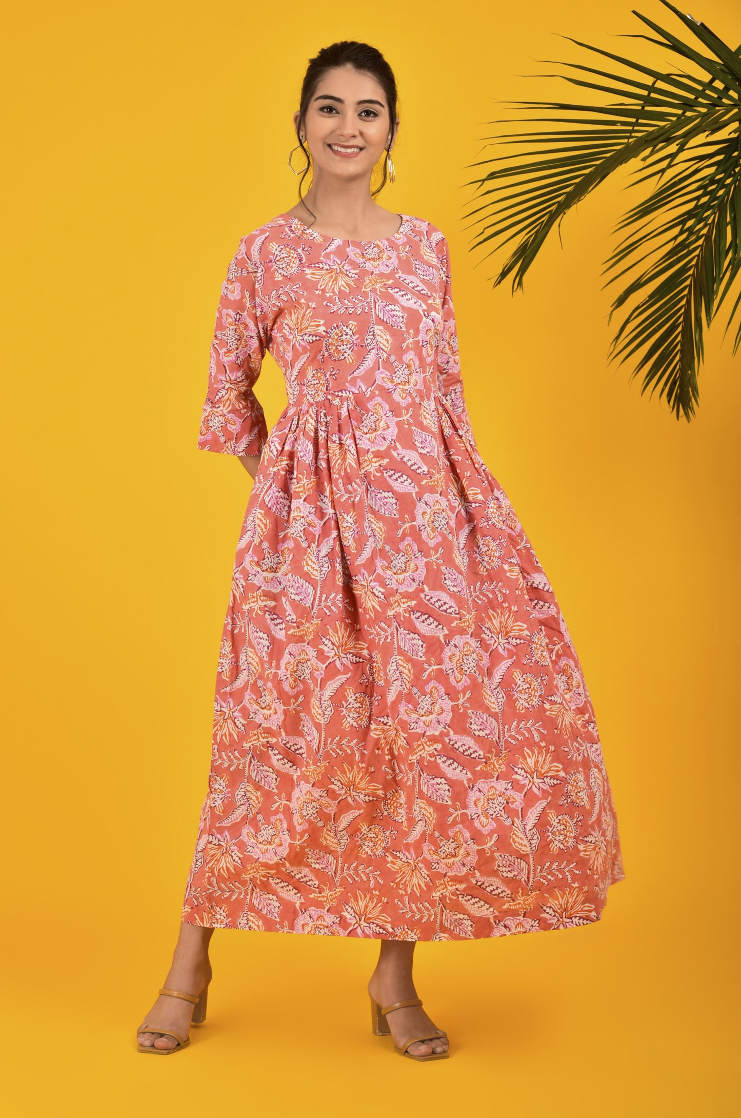 Block Print Pink Pleated Long Dress