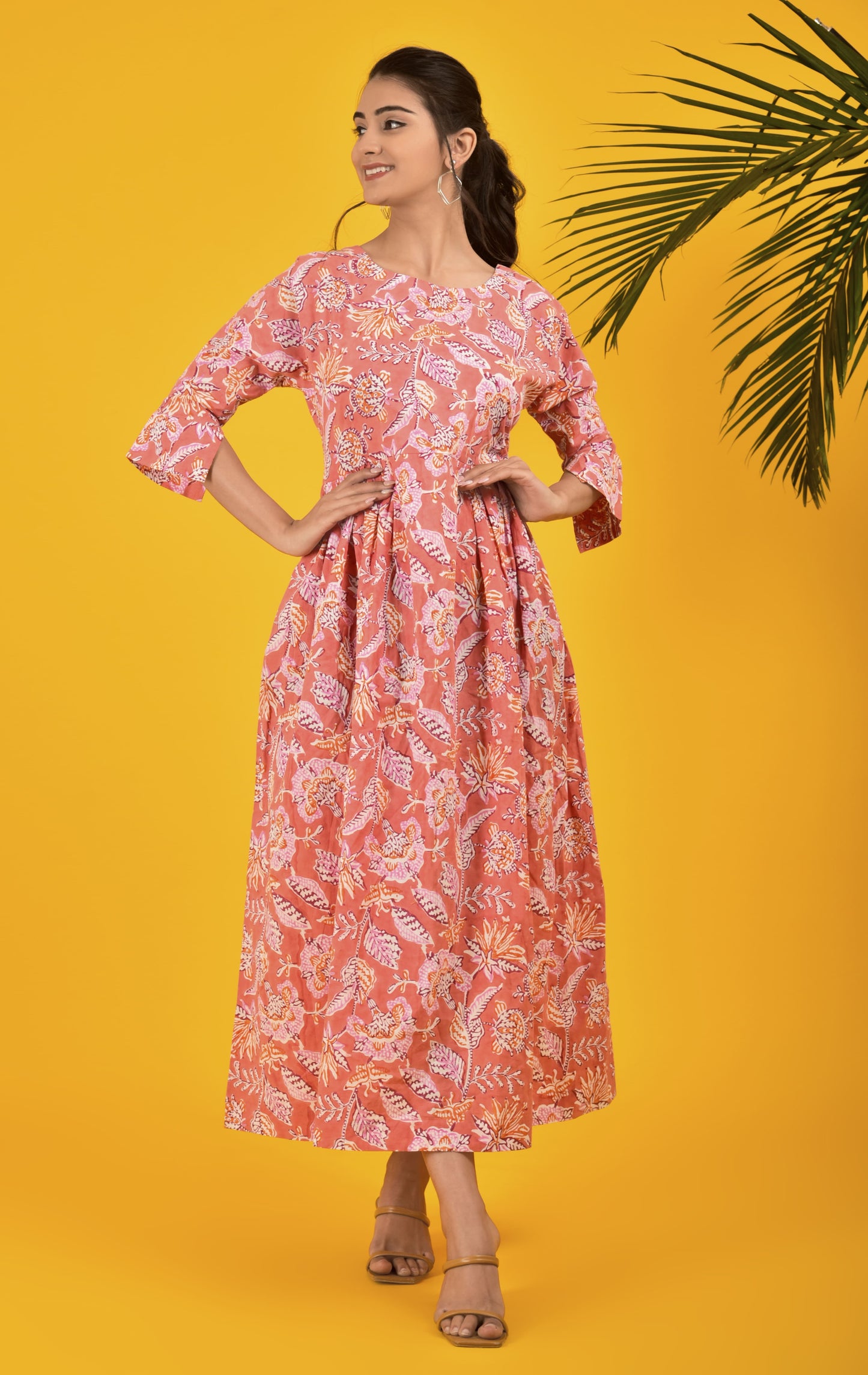 Block Print Pink Pleated Long Dress
