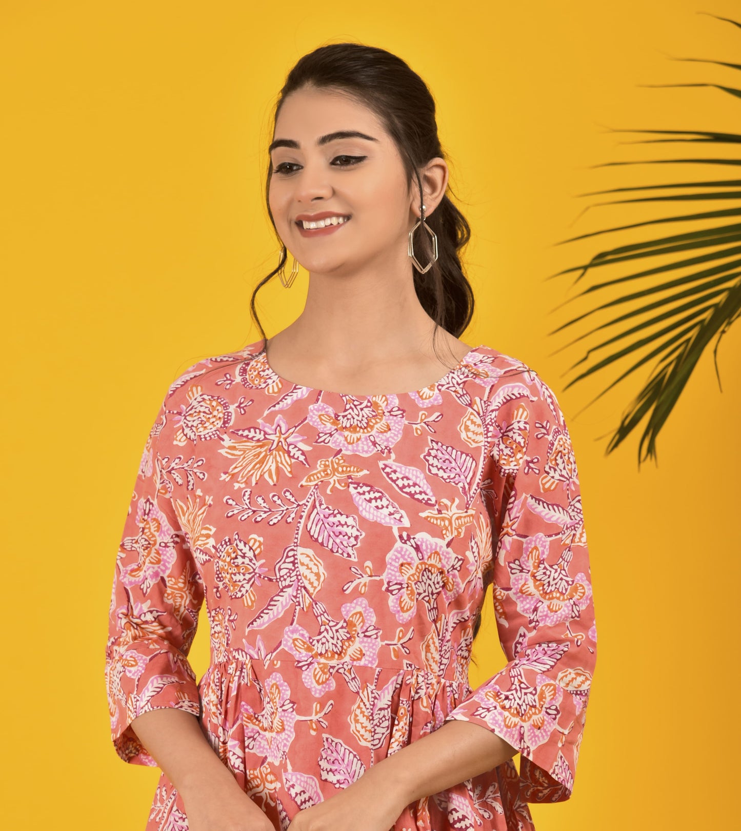 Block Print Pink Pleated Long Dress