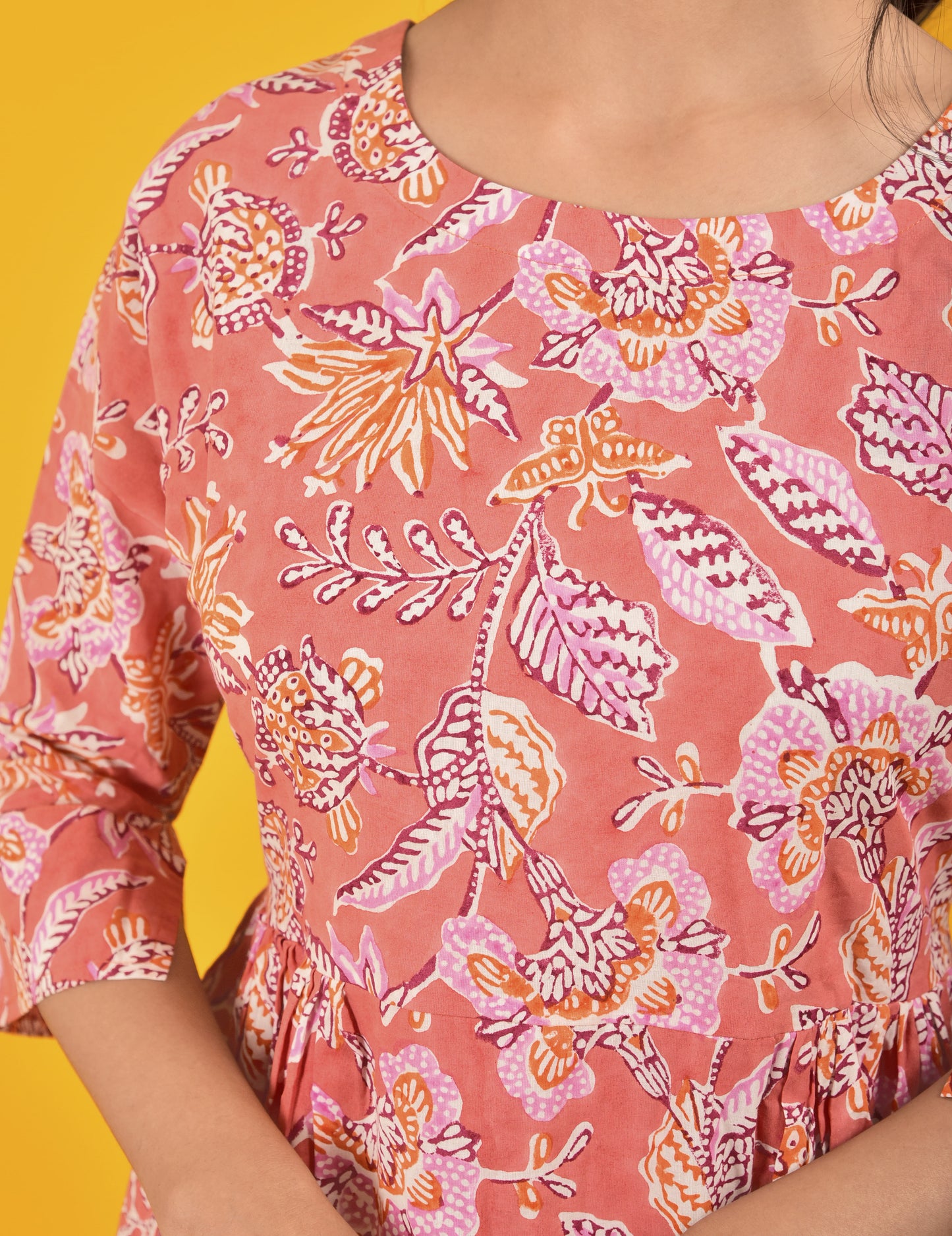 Block Print Pink Pleated Long Dress