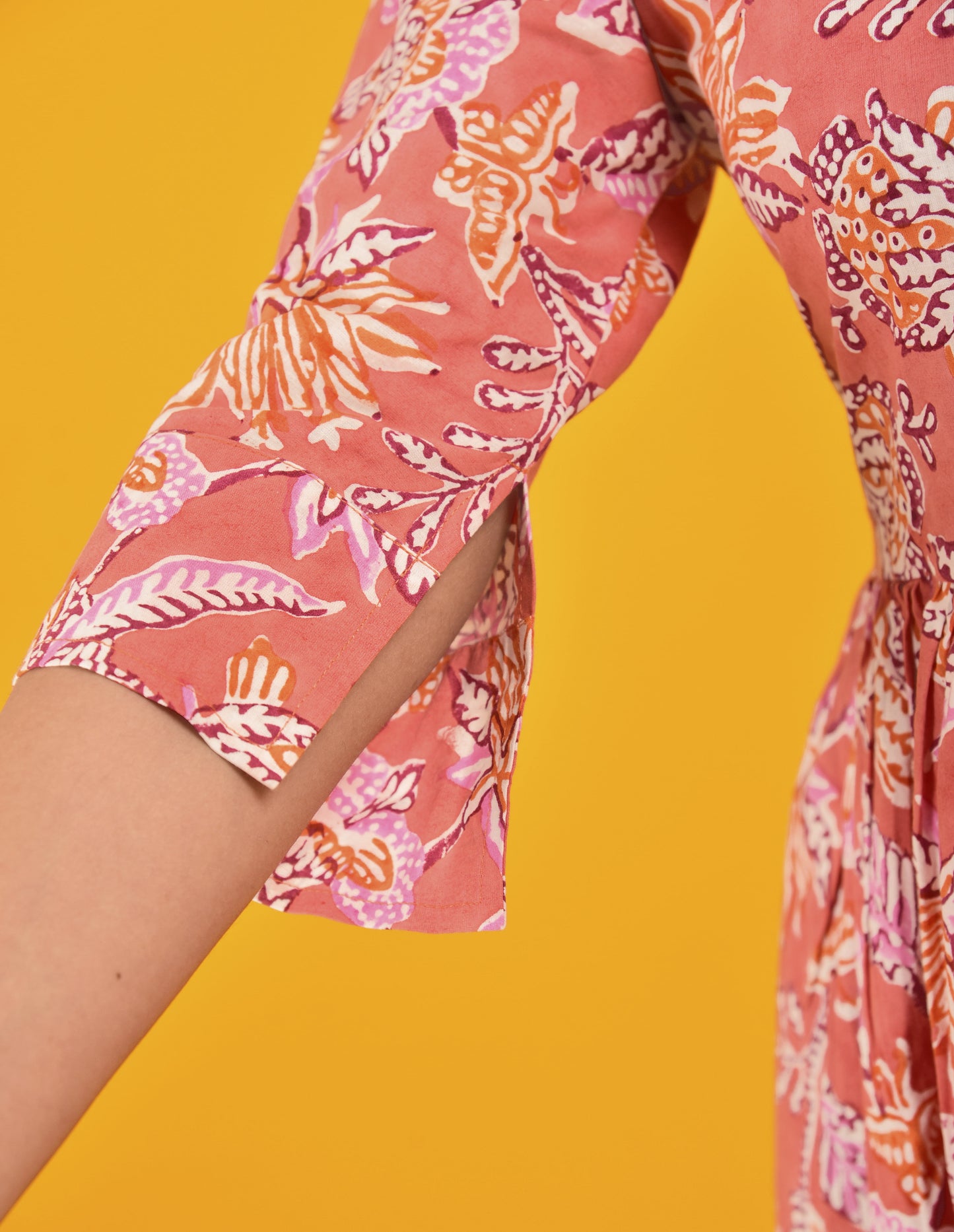 Block Print Pink Pleated Long Dress