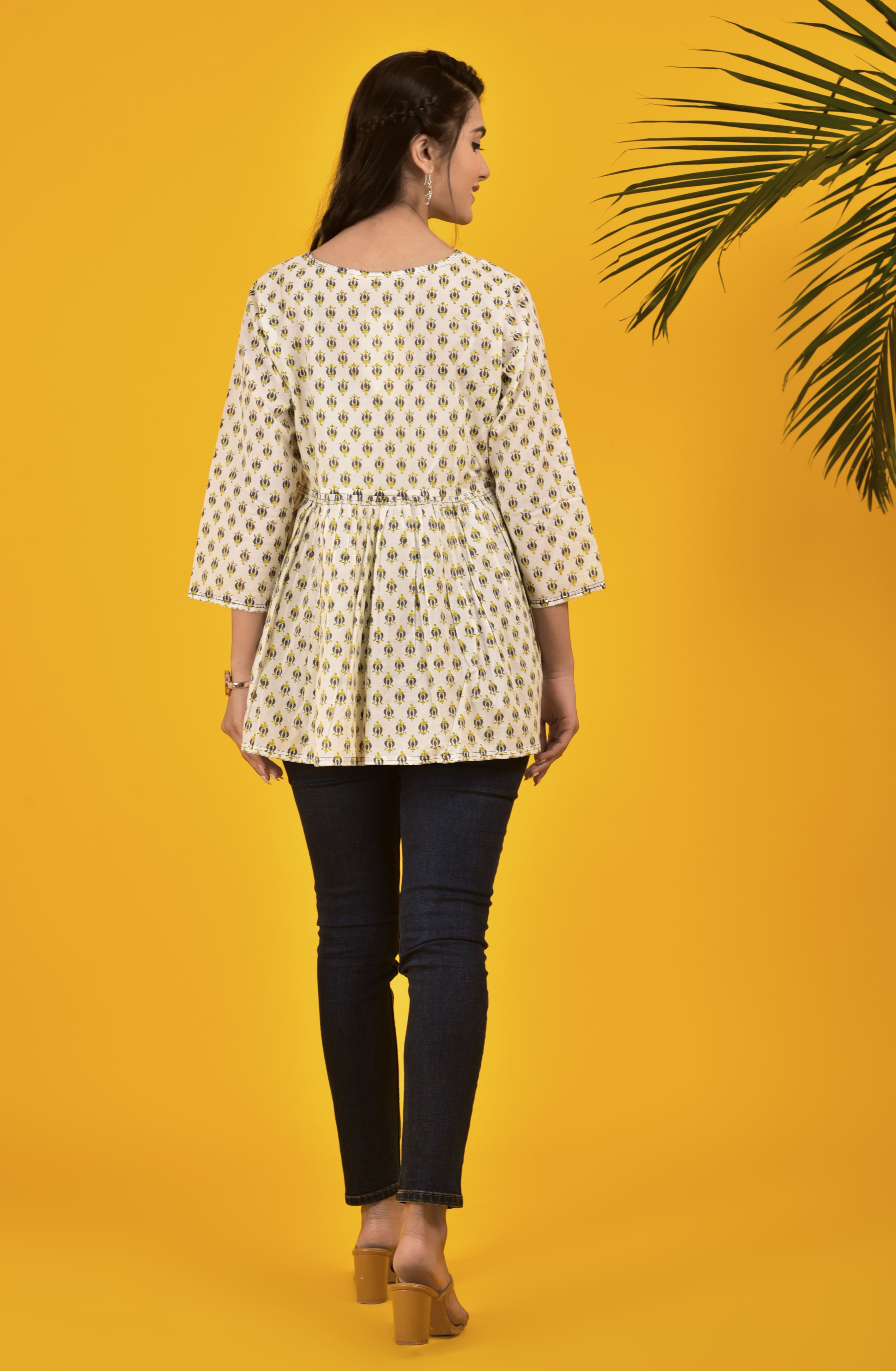 Block Print White Petite Flowers Top