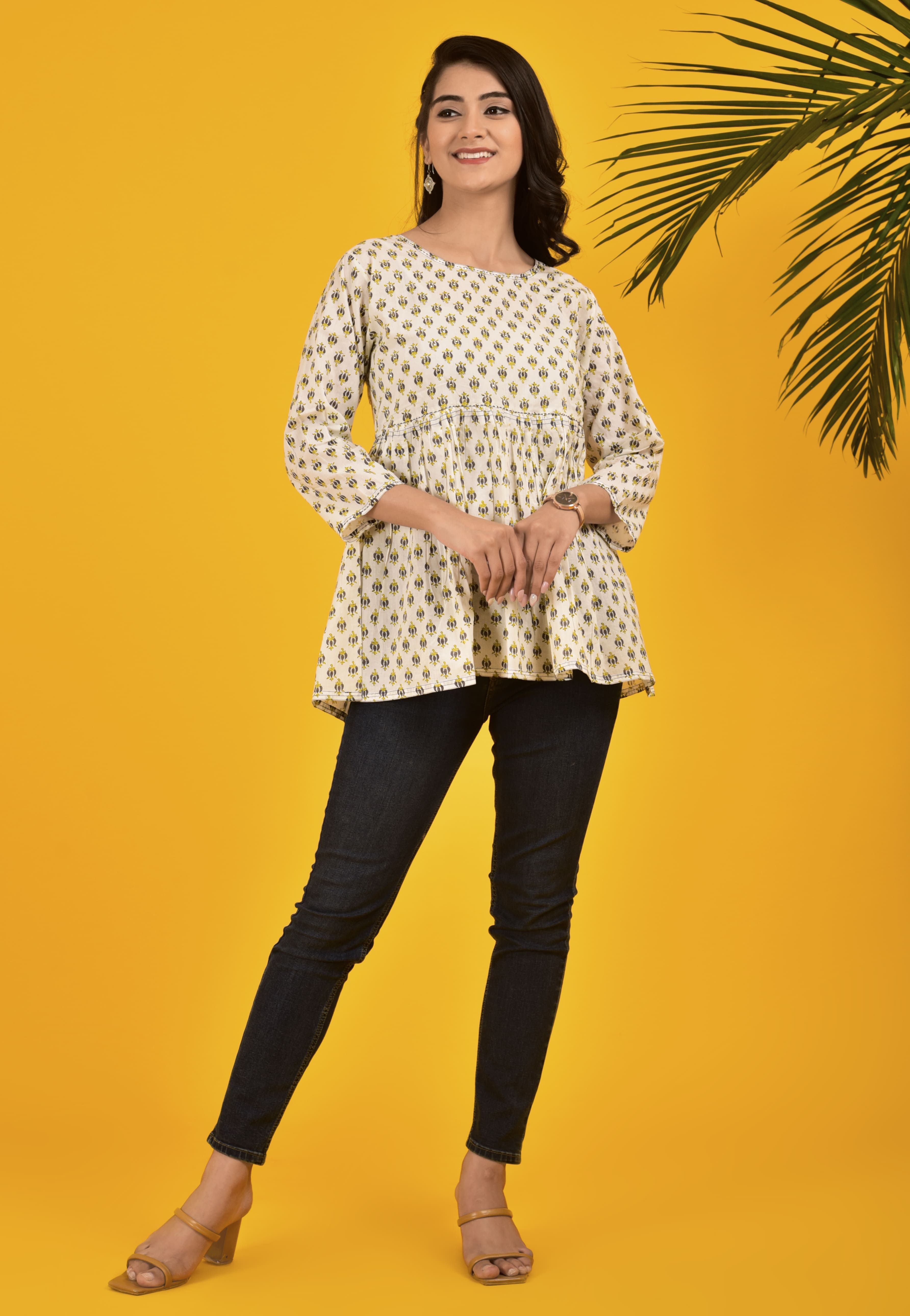 Block Print White Petite Flowers Top