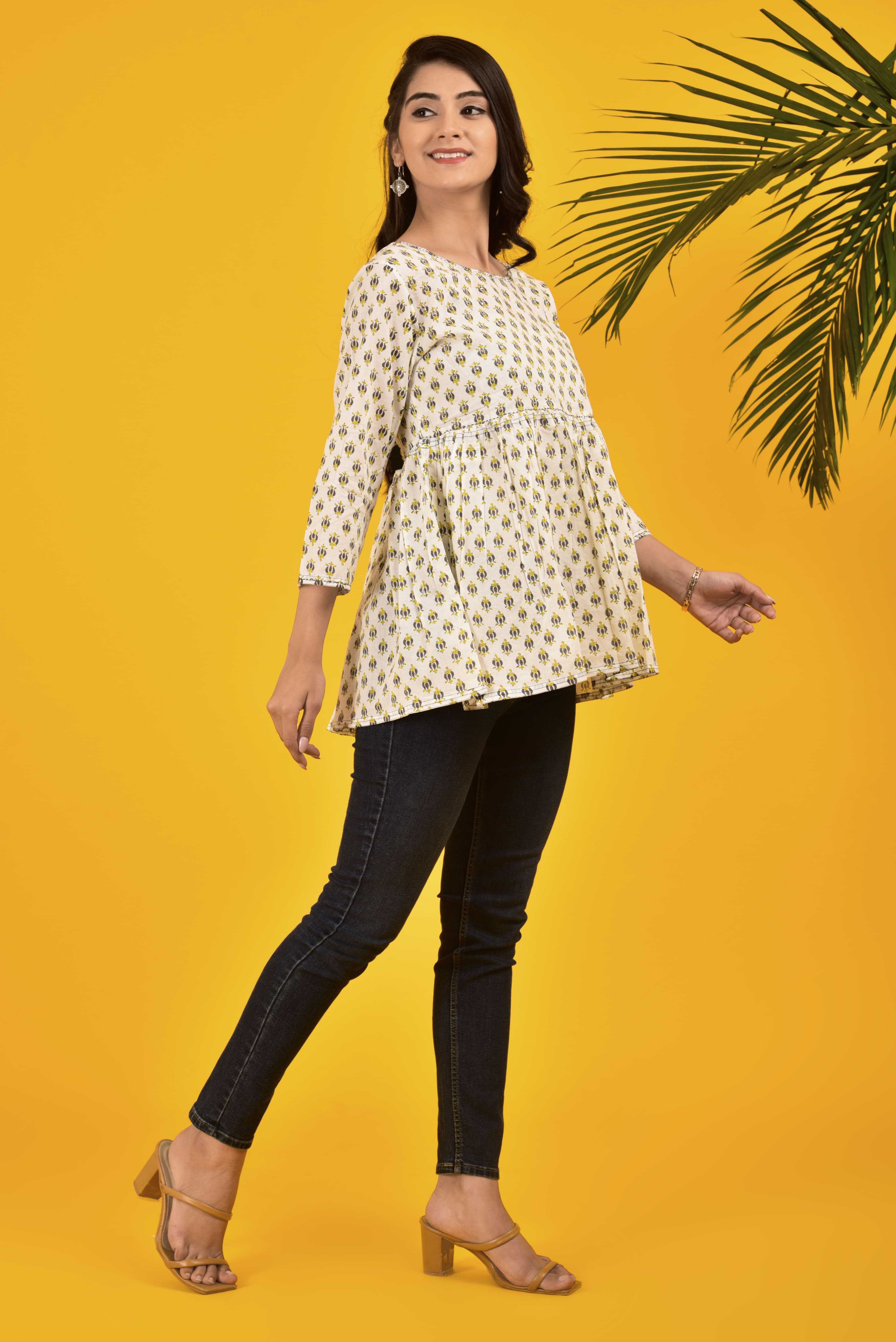 Block Print White Petite Flowers Top