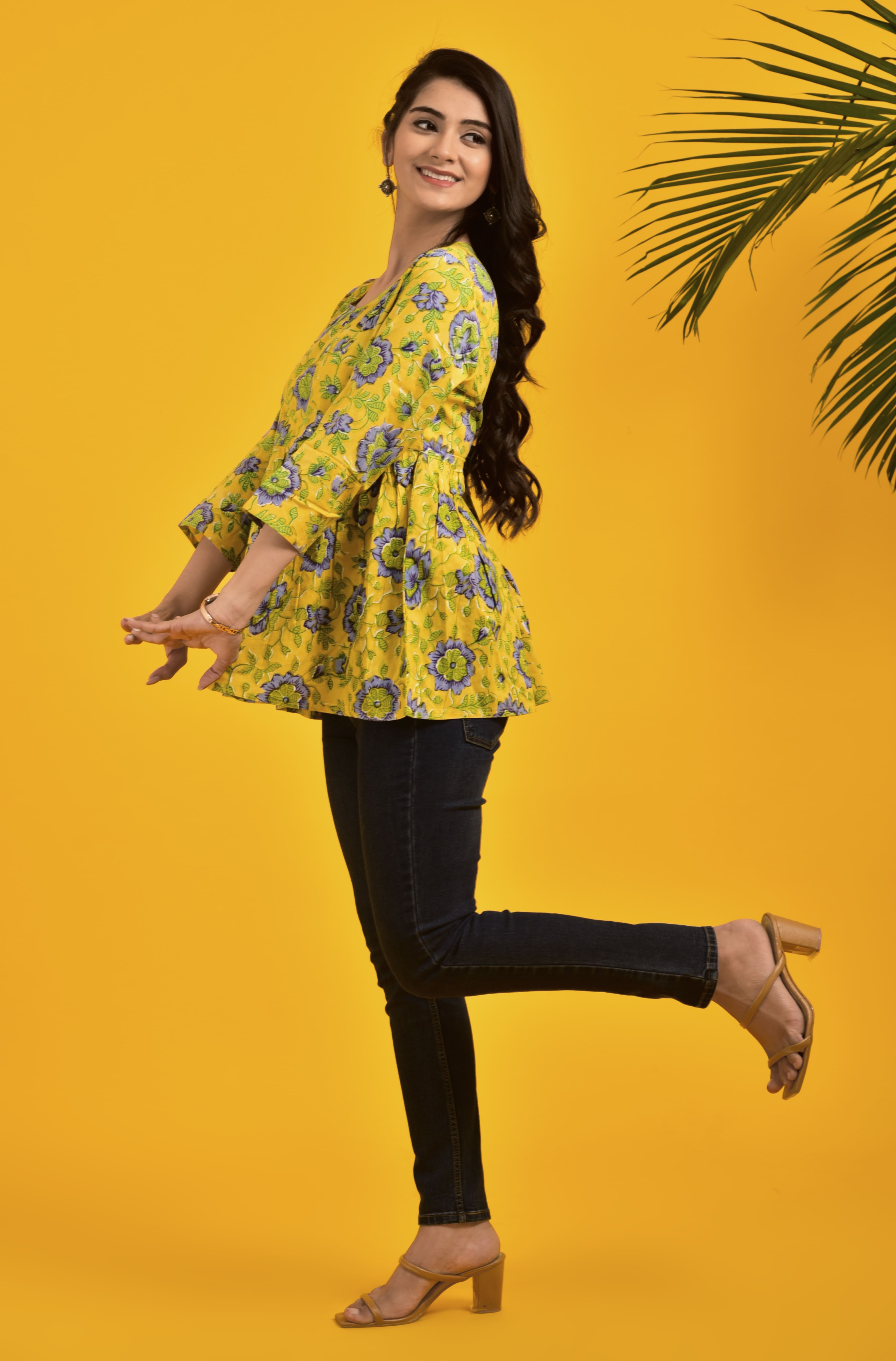 Block Print Yellow _ Blue Floral Top