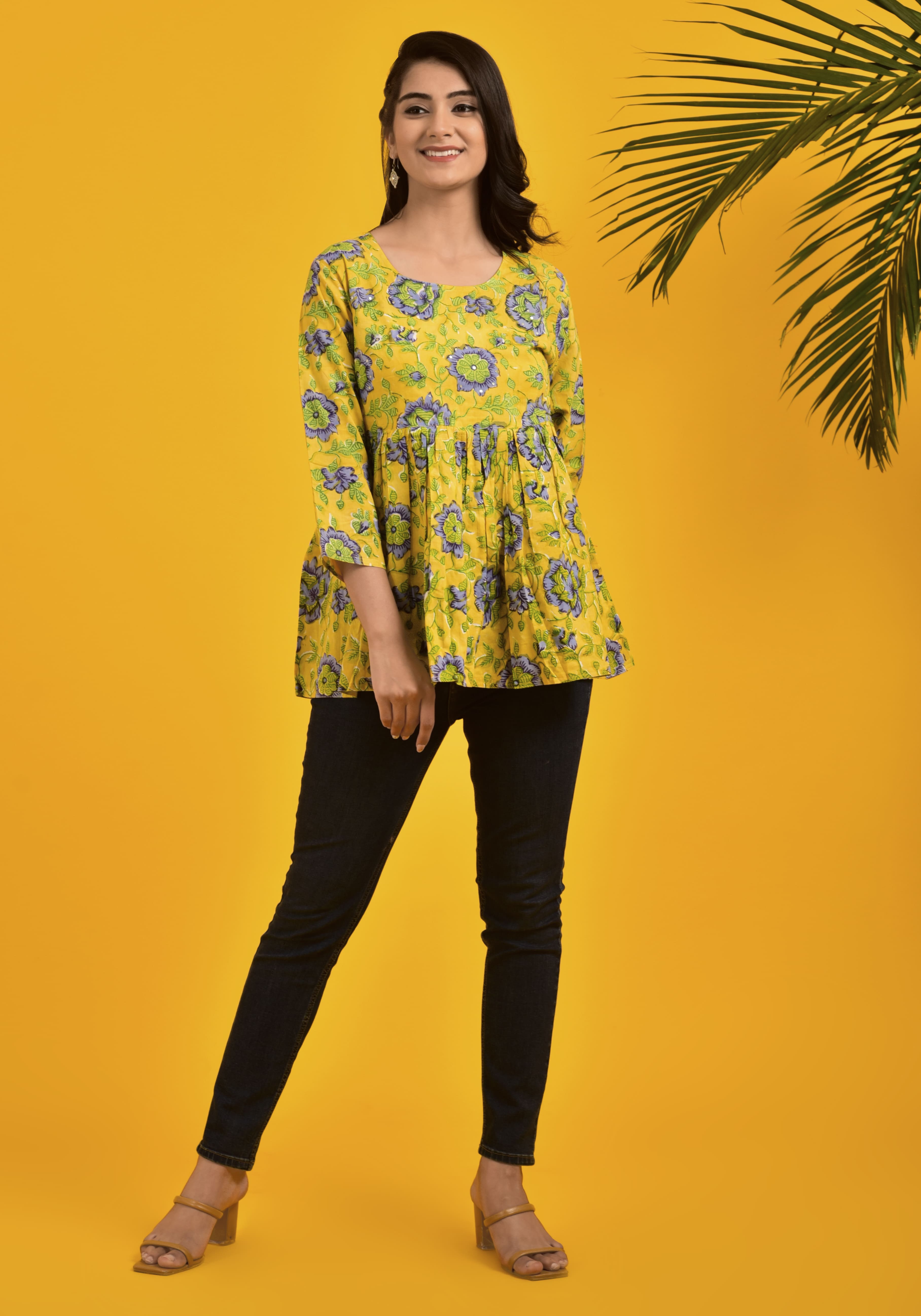 Block Print Yellow _ Blue Floral Top