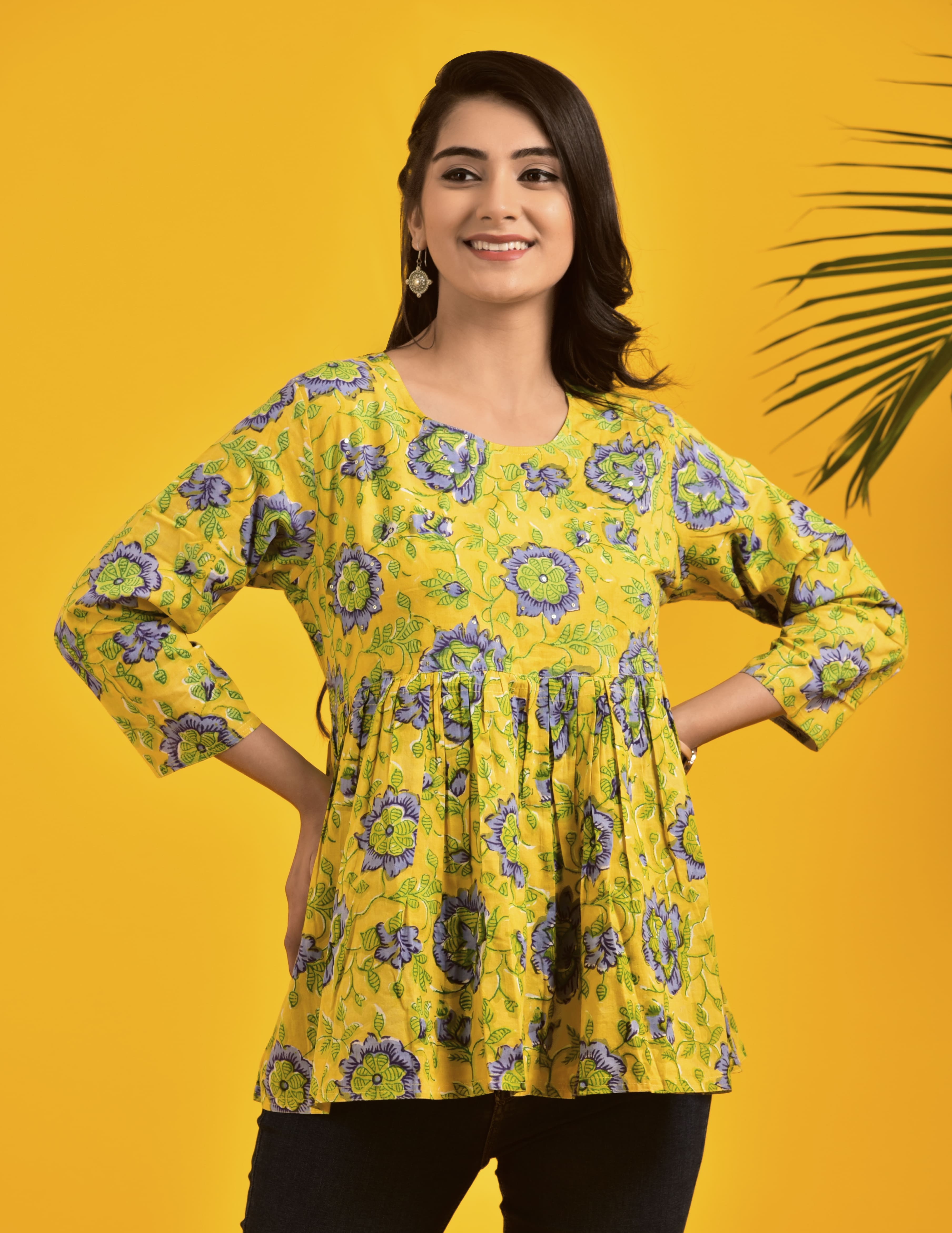 Block Print Yellow _ Blue Floral Top
