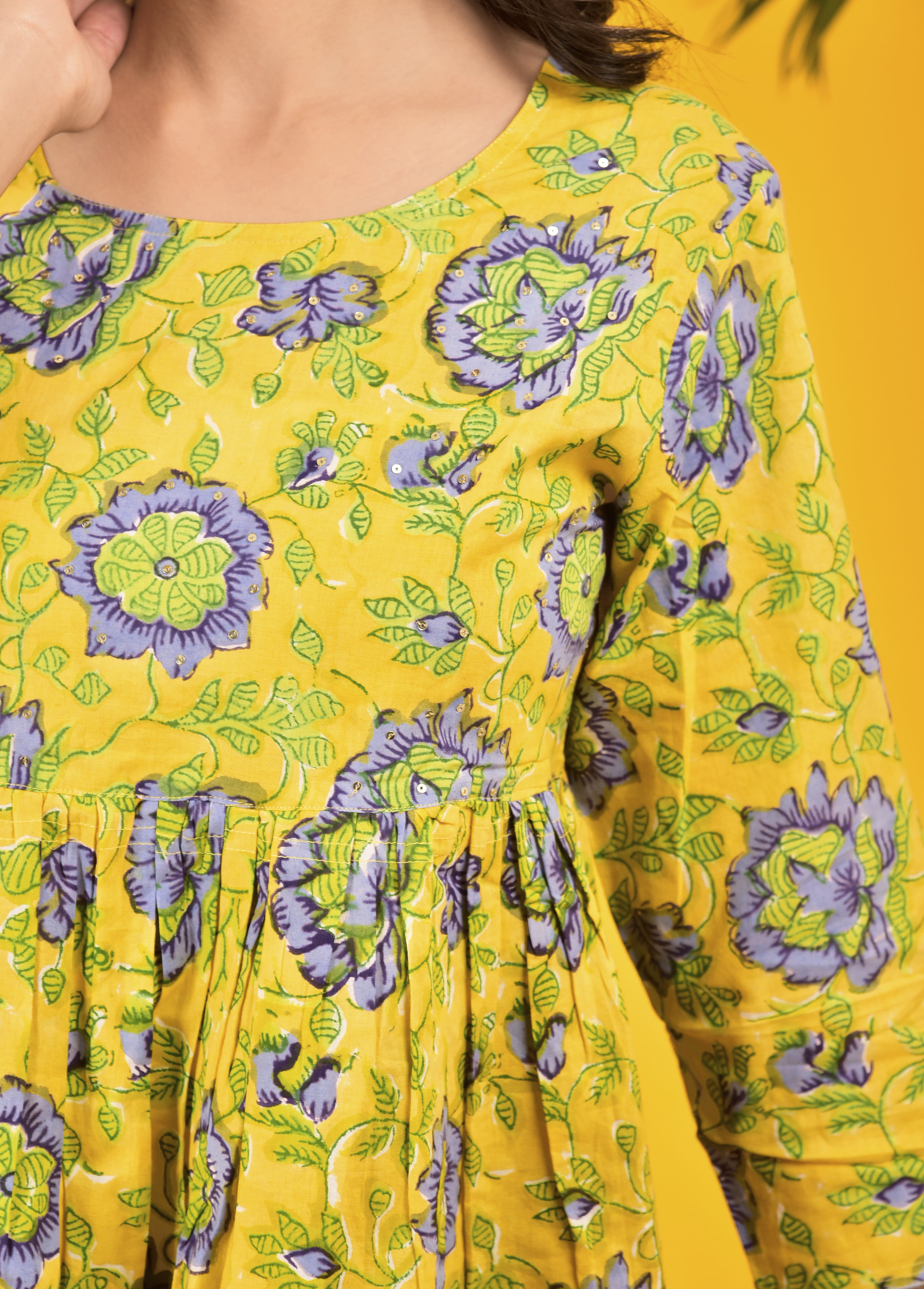 Block Print Yellow _ Blue Floral Top
