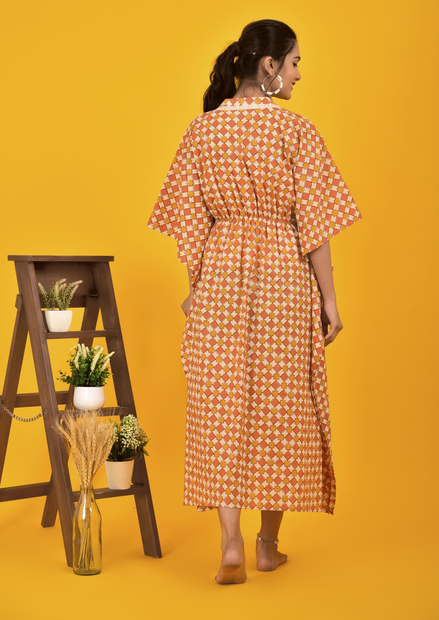 Block Printed Kaftan in Mughal Jall Rust Orange Colour