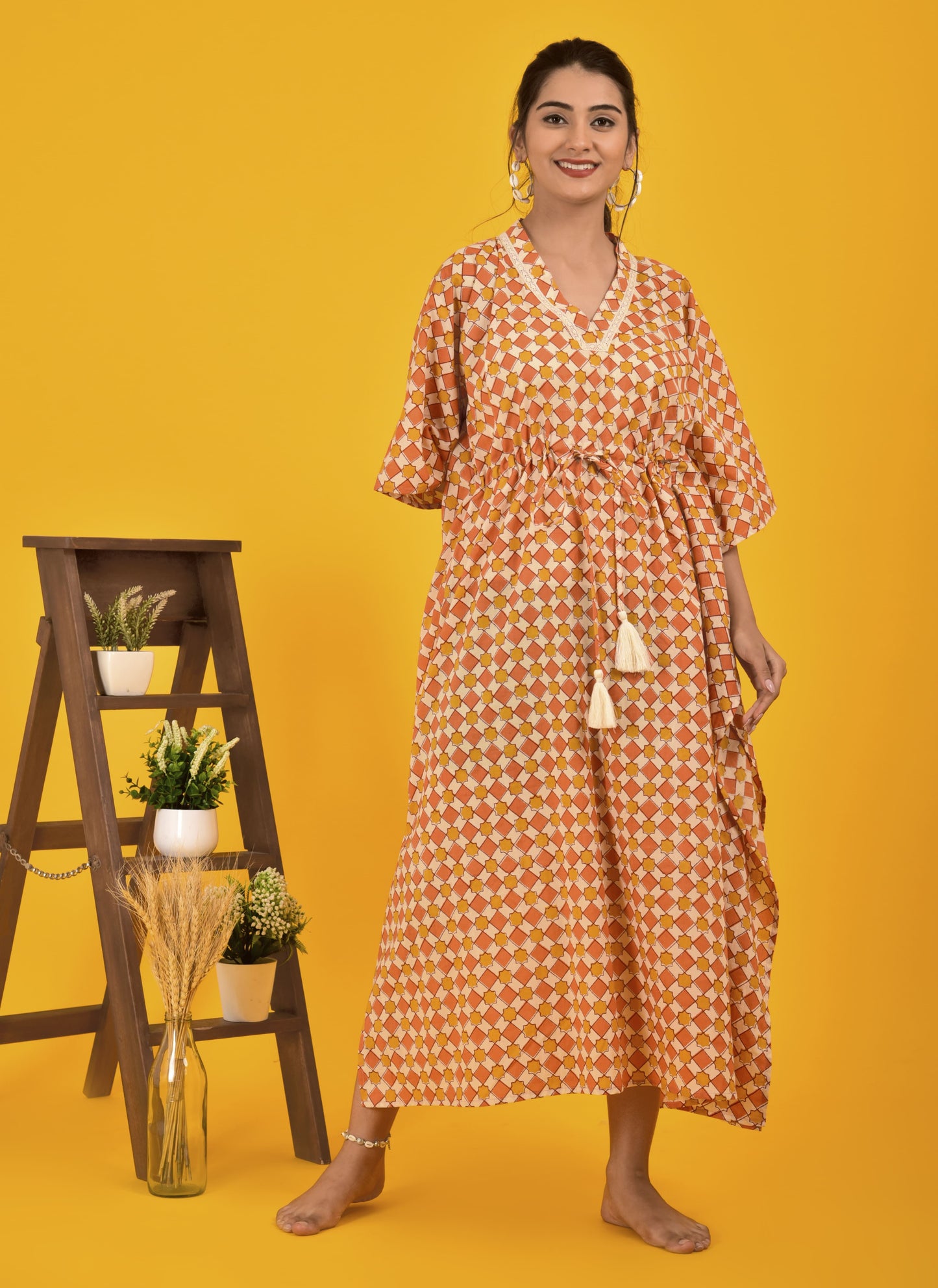 Block Printed Kaftan in Mughal Jall Rust Orange Colour