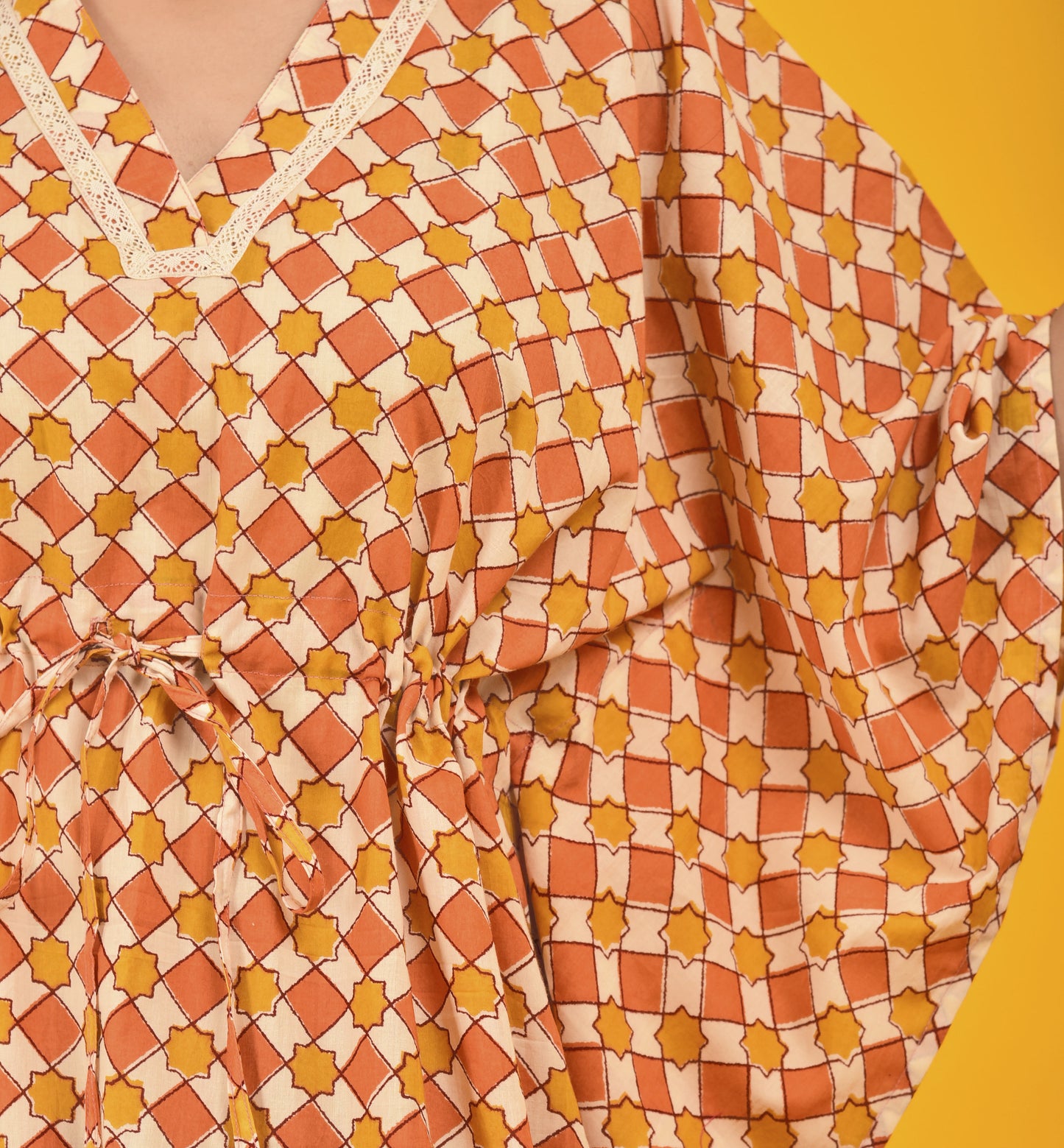 Block Printed Kaftan in Mughal Jall Rust Orange Colour
