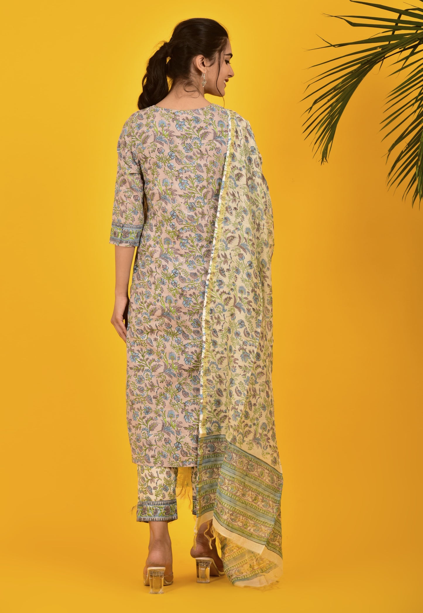 BLOCK PRINT WHITE blue grey floral KURTA PANT SET WITH CHANDERI DUPATTA