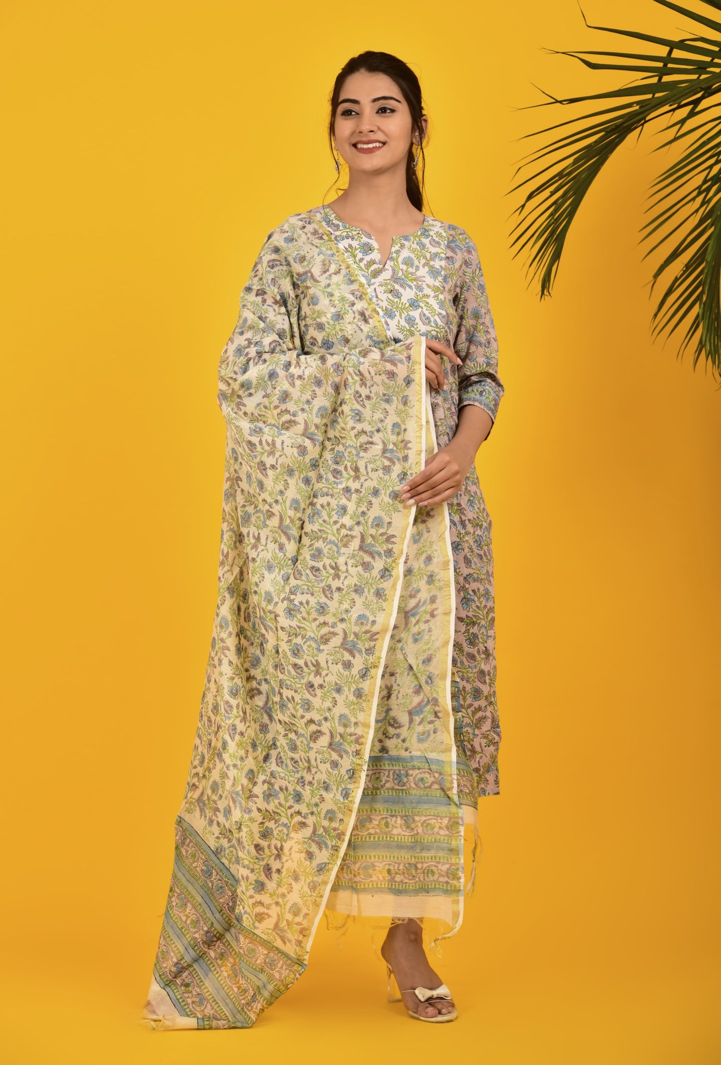 BLOCK PRINT WHITE blue grey floral KURTA PANT SET WITH CHANDERI DUPATTA