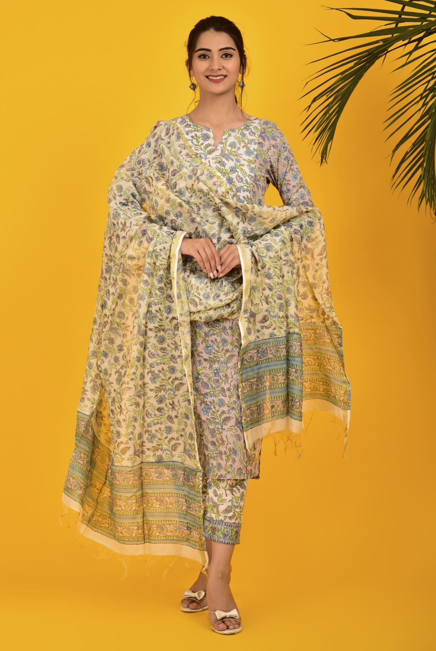 BLOCK PRINT WHITE blue grey floral KURTA PANT SET WITH CHANDERI DUPATTA