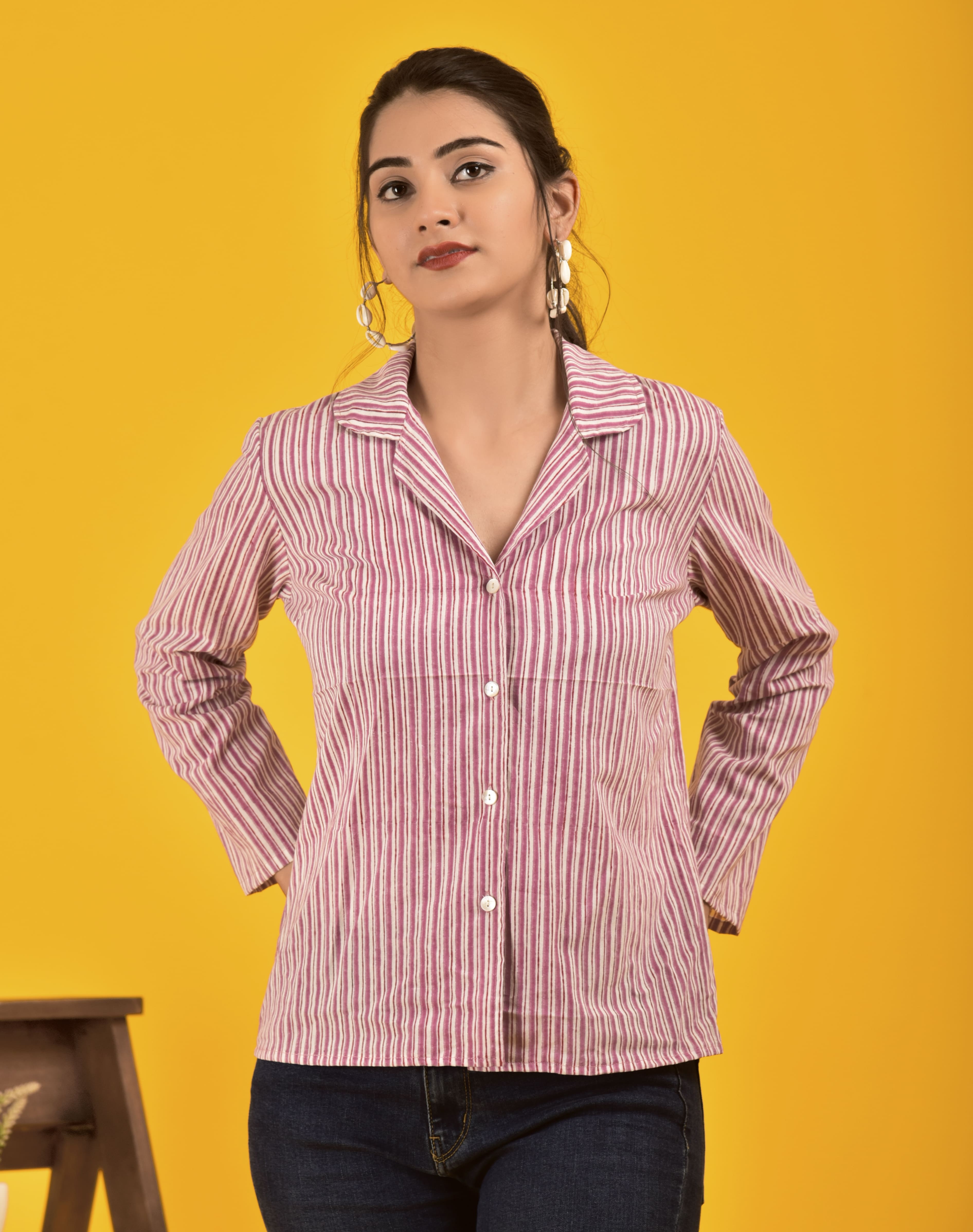 Block Print shirt for women in smart Maroon stripe