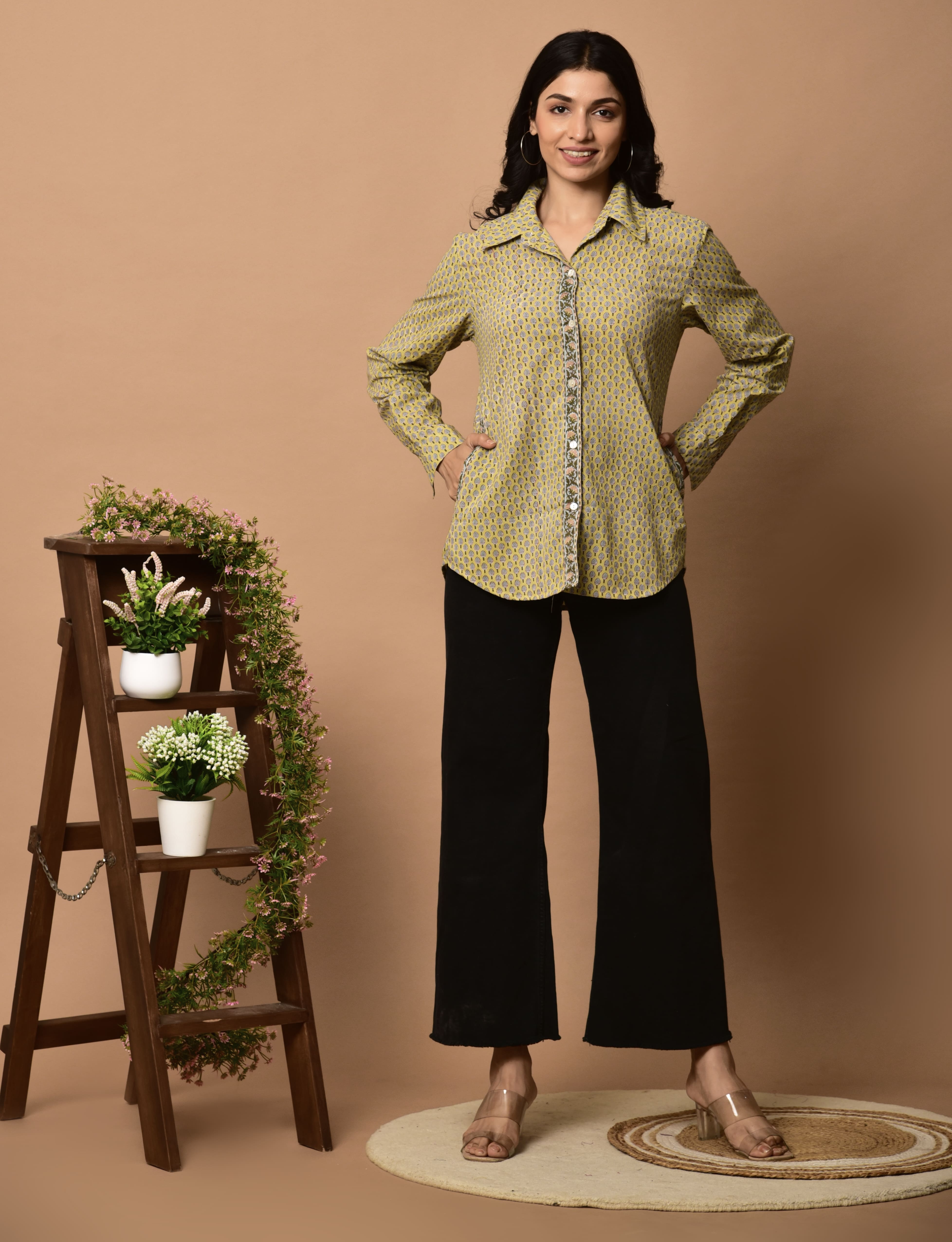 Block Print shirt for women with Tiny Floral design _ pockets