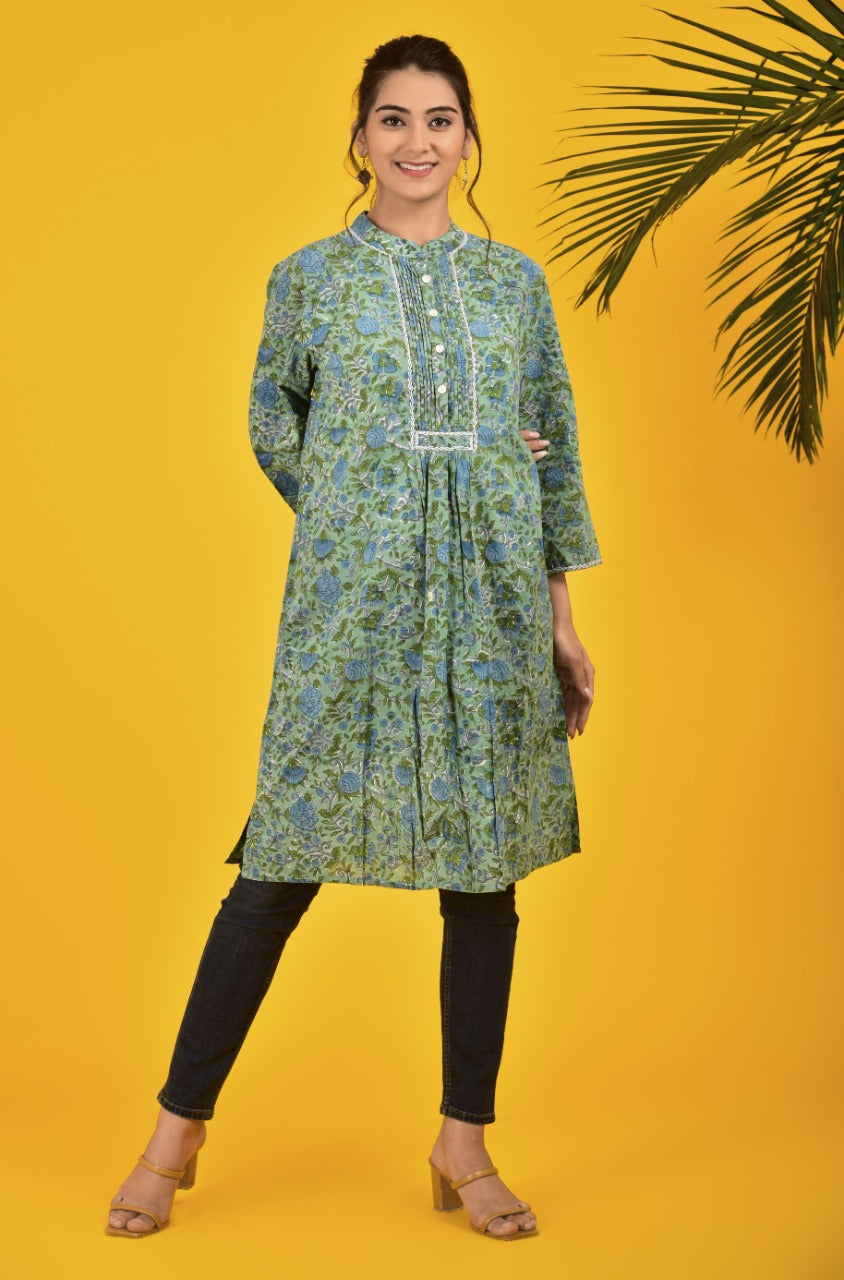 Block Print Turquoise Green smart kurta