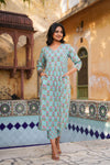 Firozi – Turquoise Floral Boota Hand Printed Cotton Kurta Set with Pants
