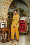 Bella – Mustard Floral Hand Printed Cotton Asymmetric Top with Booti Pants