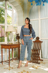 Zoe – Indigo Hand Printed Cotton Crop Top with Chevron Pants Co-Ord Set